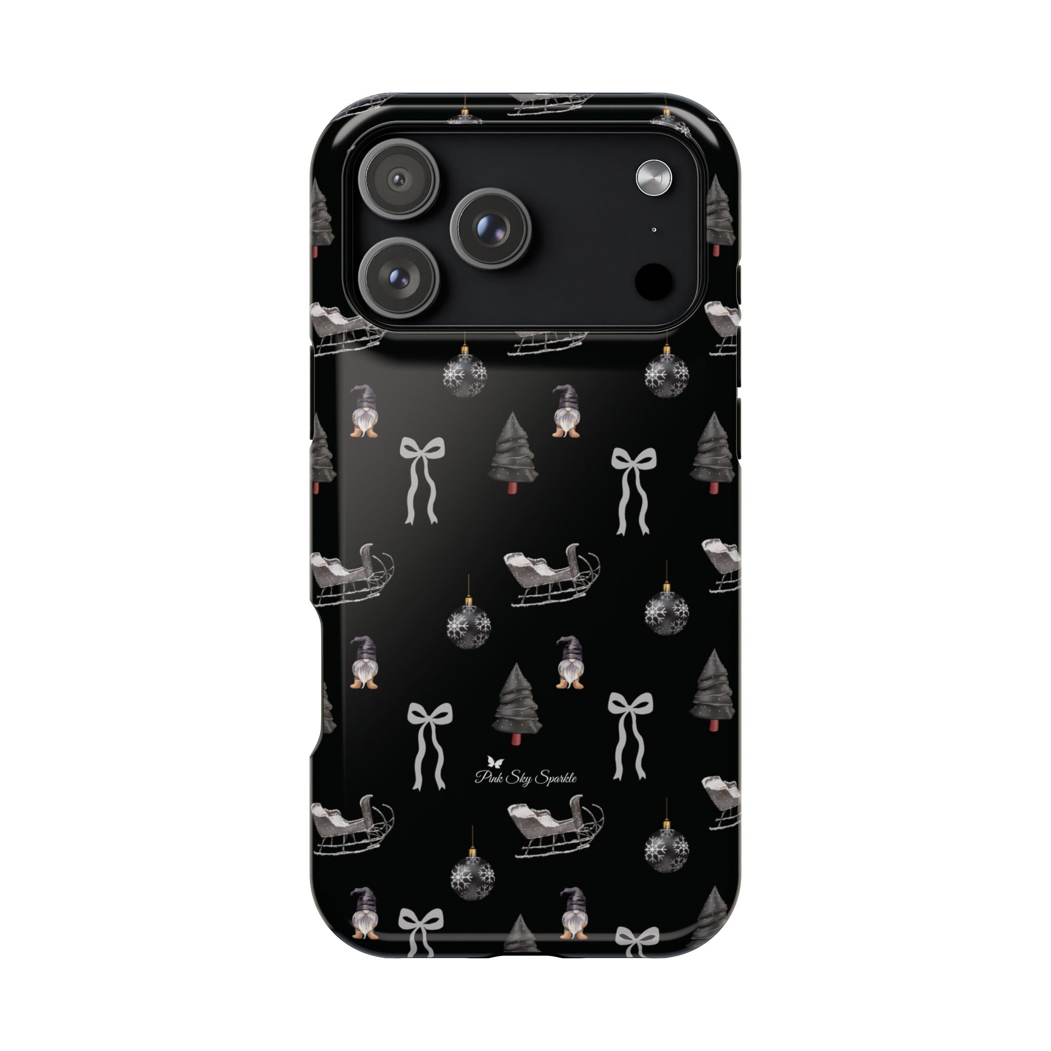 Elegant Christmas iPhone cover featuring silver bows, trees, and sleighs