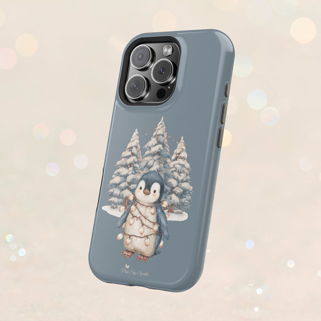 Coque magnétique pour iPhone Pingouin avec guirlande lumineuse de Noël
