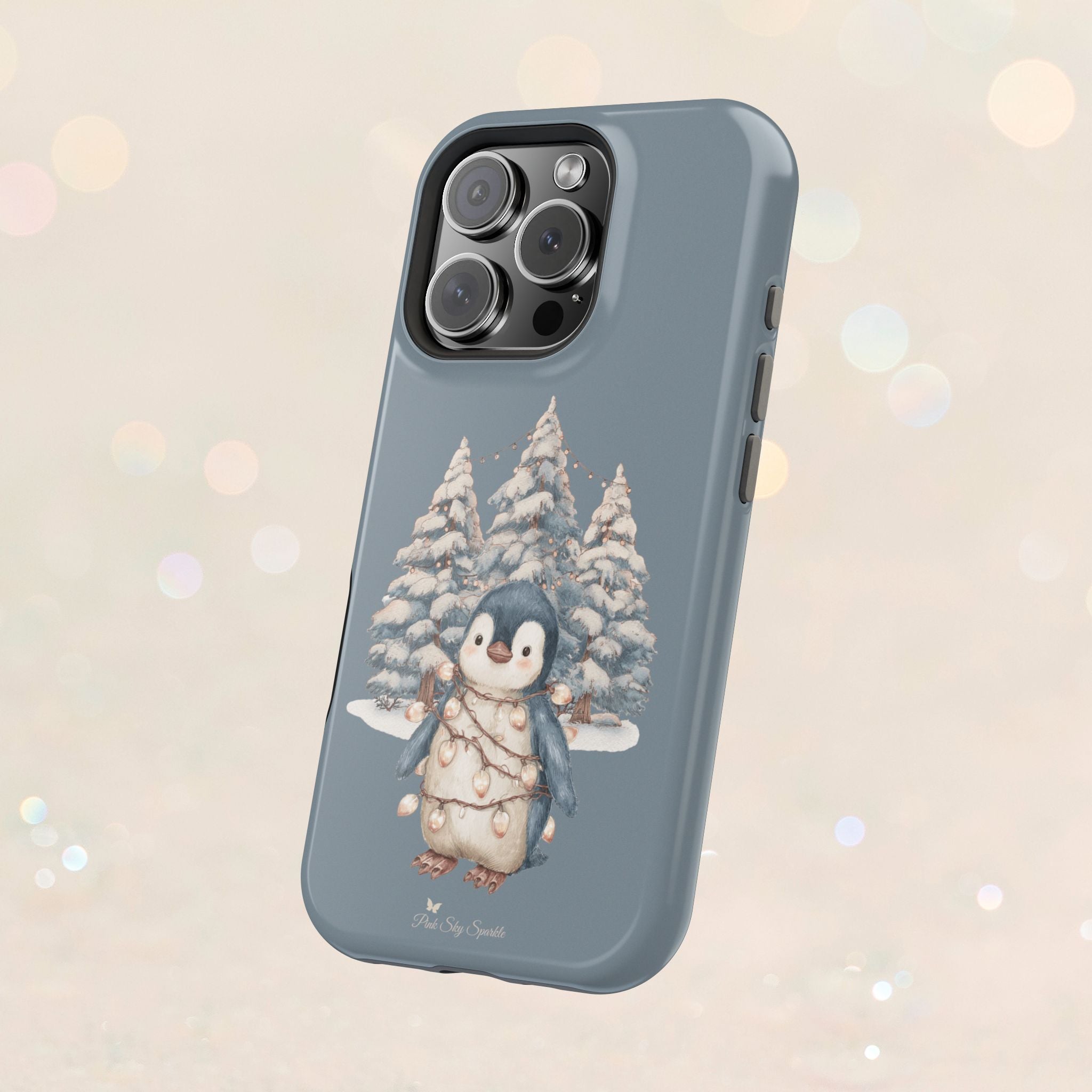 Coque magnétique pour iPhone Pingouin avec guirlande lumineuse de Noël