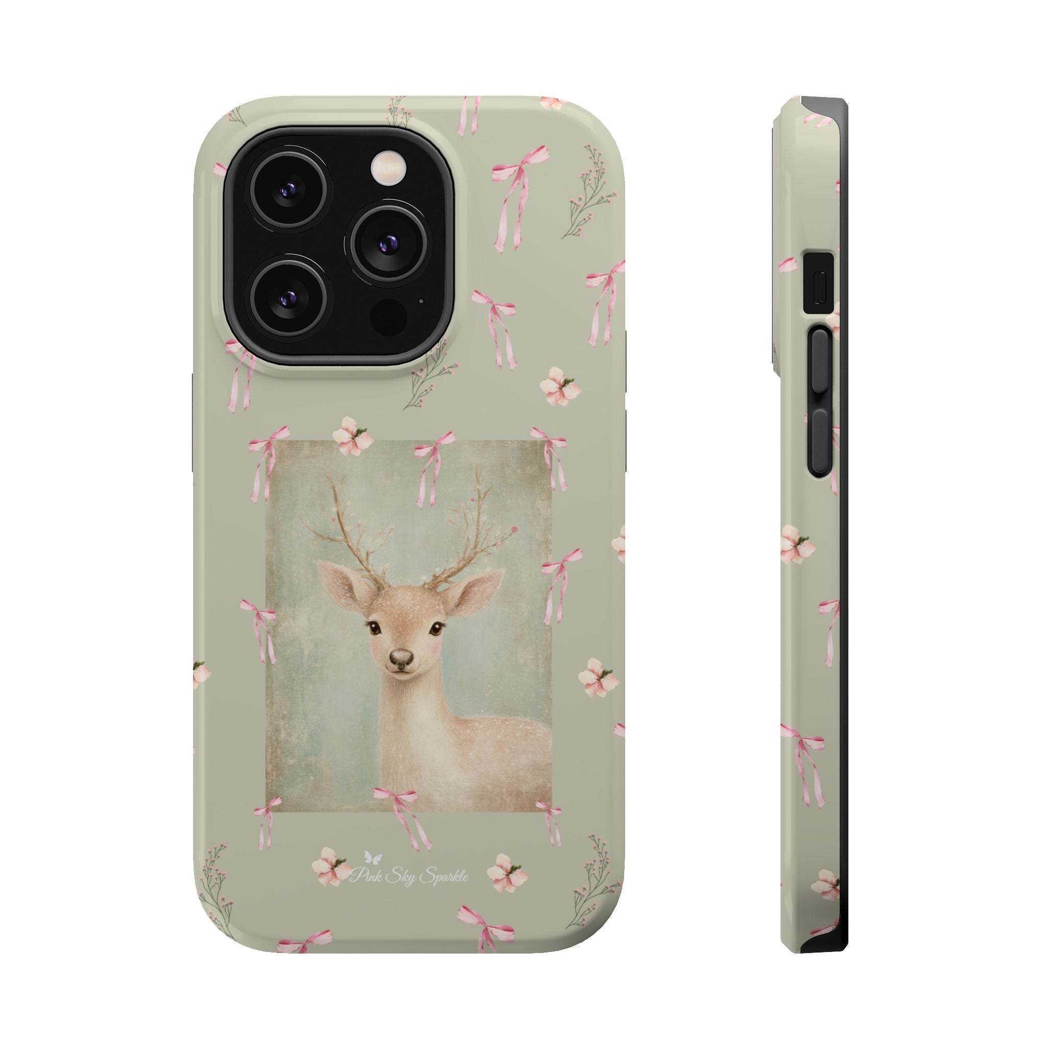 Pastel green magnetic iPhone case with pink bows and a framed woodland fawn painting in the center, cute cottagecore MagSafe-friendly phone case design by Pink Sky Sparkle.