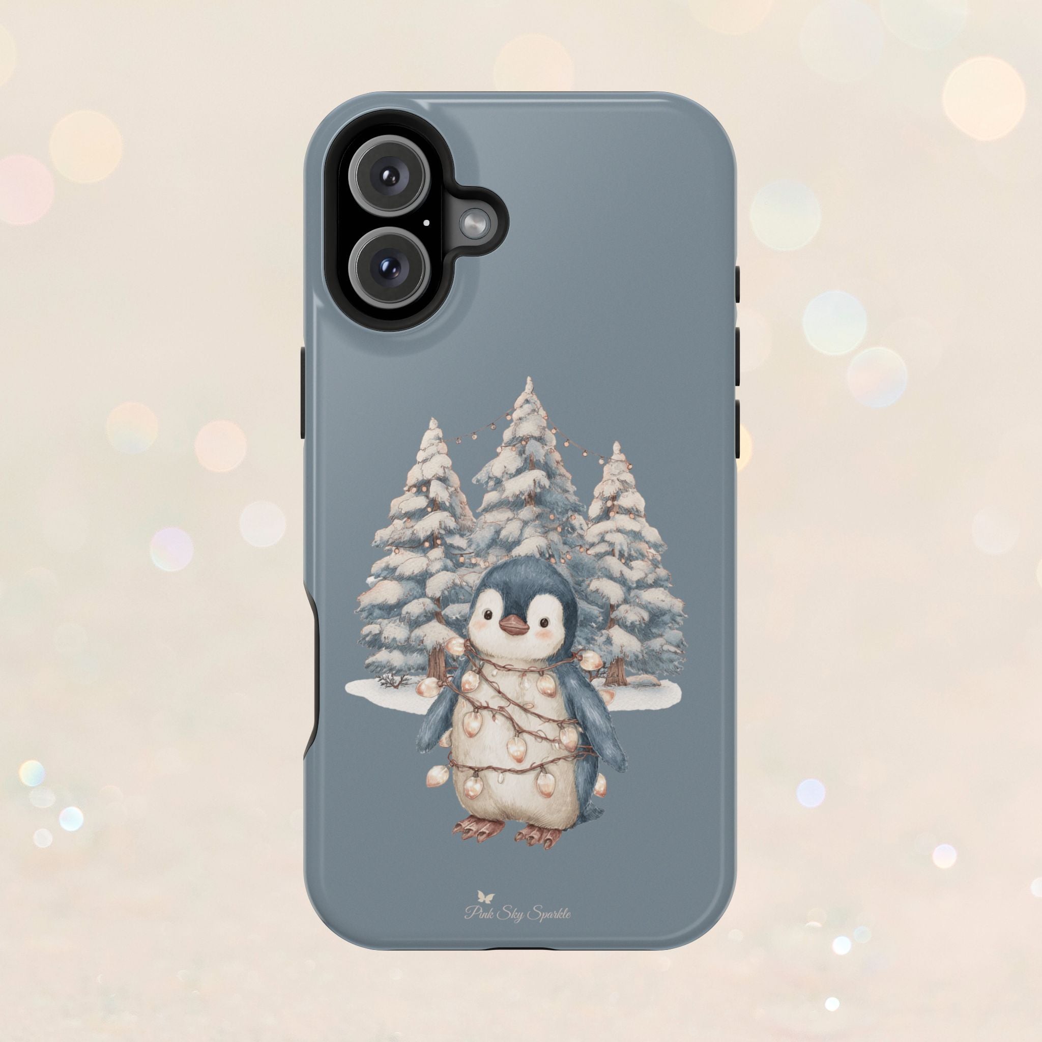 Coque magnétique pour iPhone Pingouin avec guirlande lumineuse de Noël