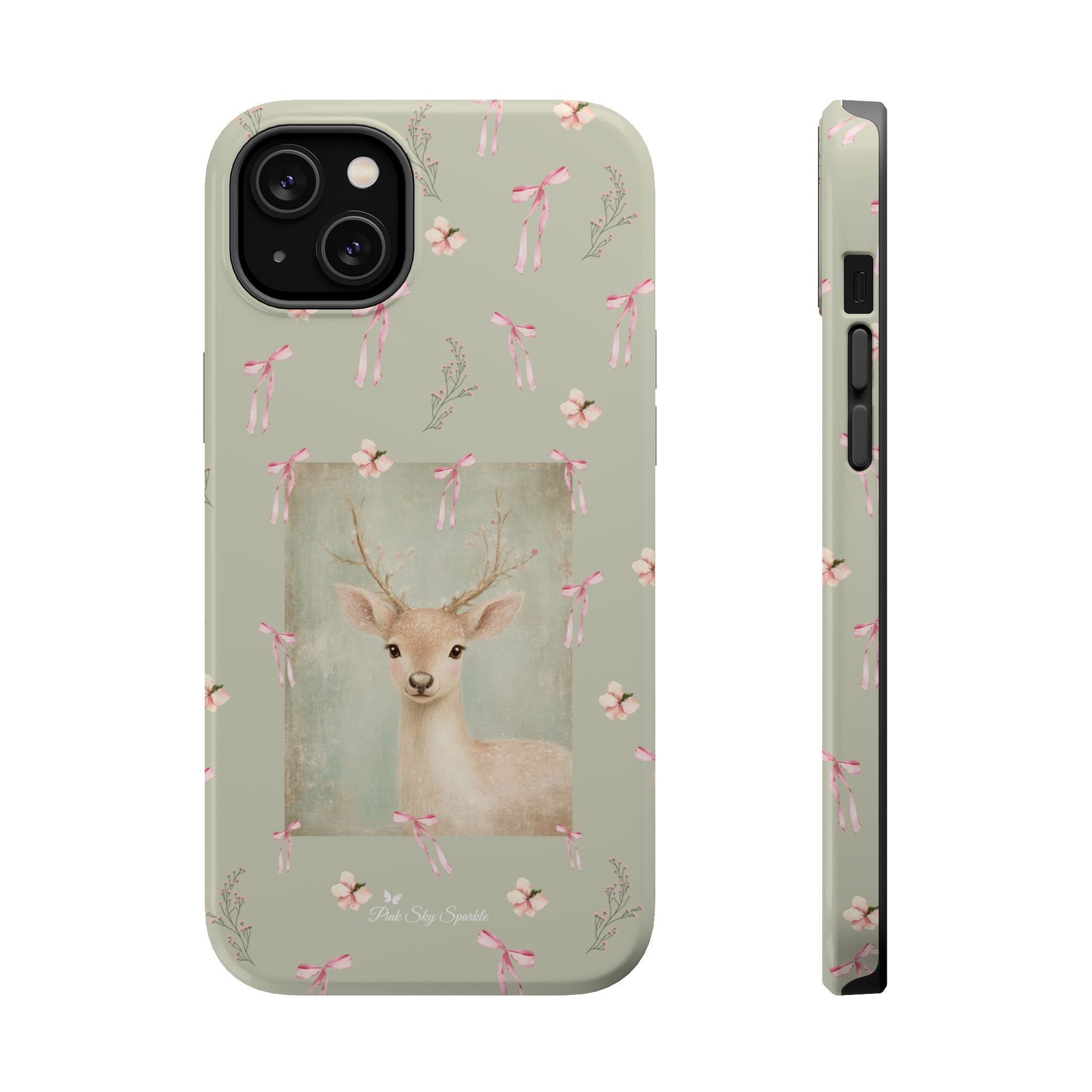 Pastel green magnetic iPhone case with pink bows and a framed woodland fawn painting in the center, cute cottagecore MagSafe-friendly phone case design by Pink Sky Sparkle.