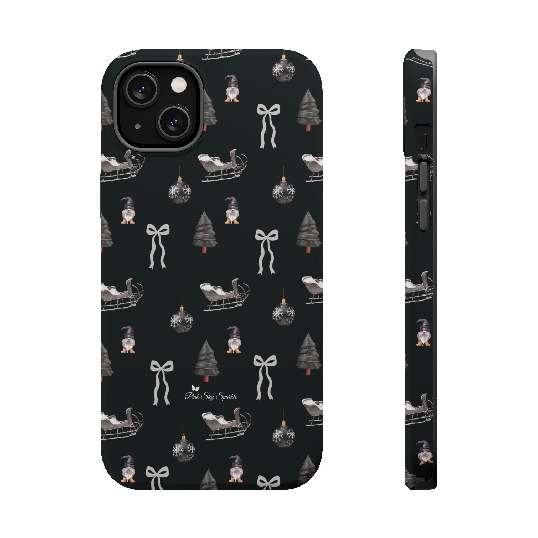 Phone case with Christmas-themed design on a black background