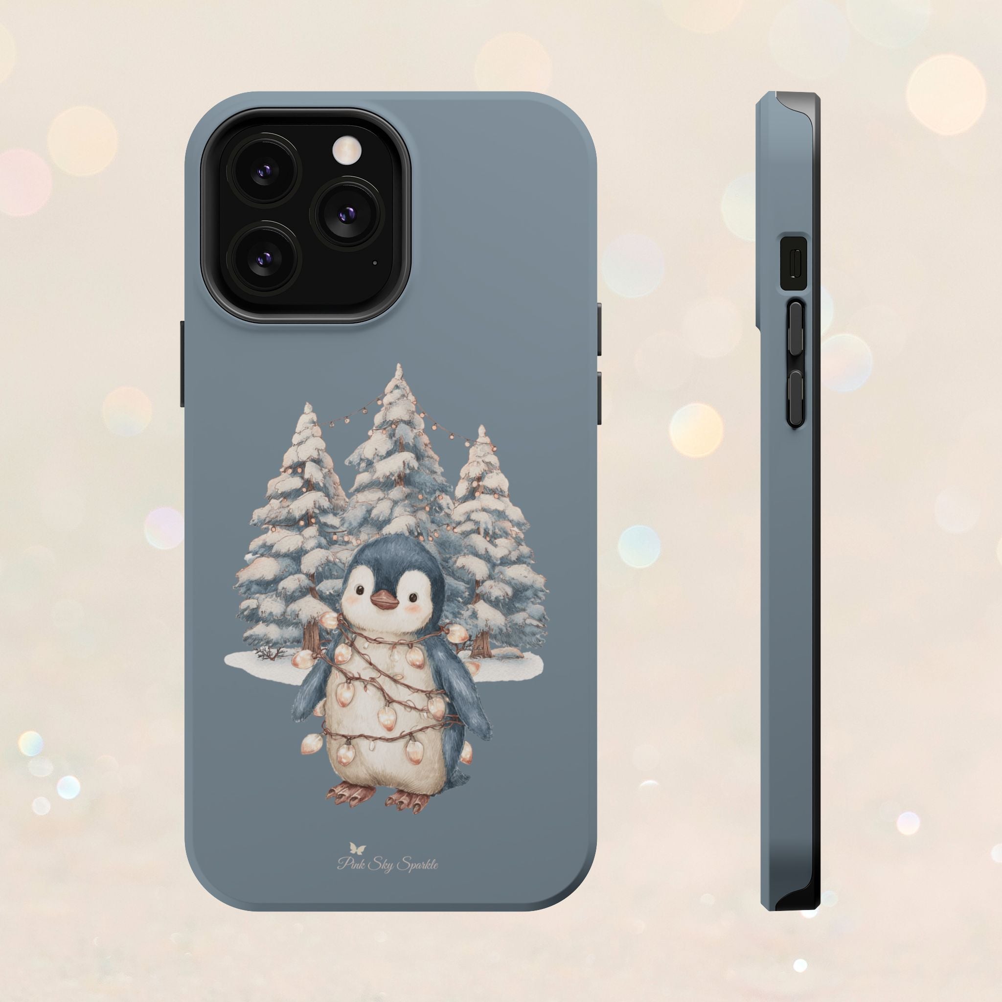 Coque magnétique pour iPhone Pingouin avec guirlande lumineuse de Noël