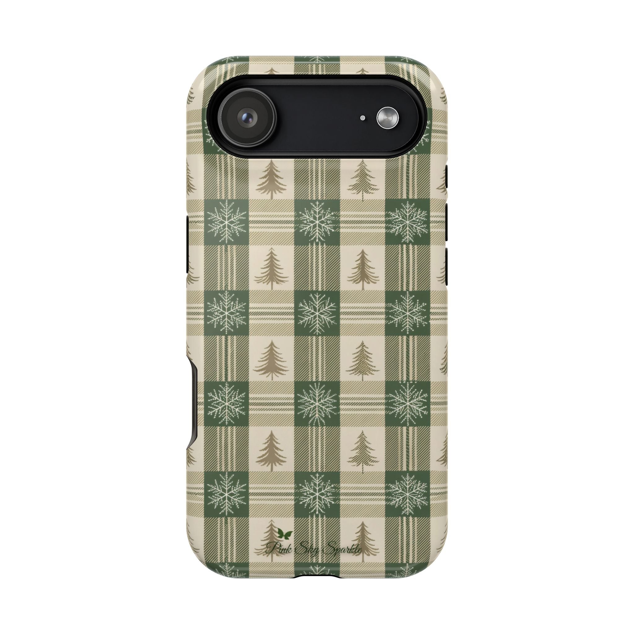 Winter Forest Magnetic iPhone Case – Green Plaid Snowflake Pattern