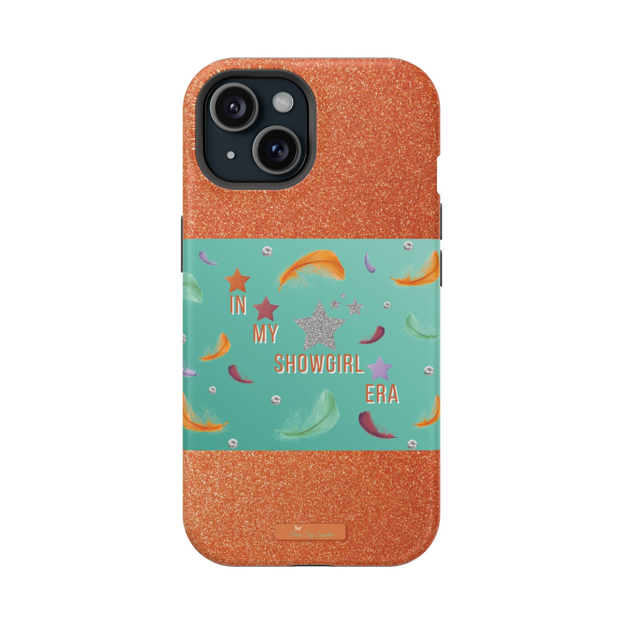Taylor Swift Themed Phone Case with faux orange glitter and teal/mint green section the middle with feathers and diamonds and the word In my Showgirl Era.