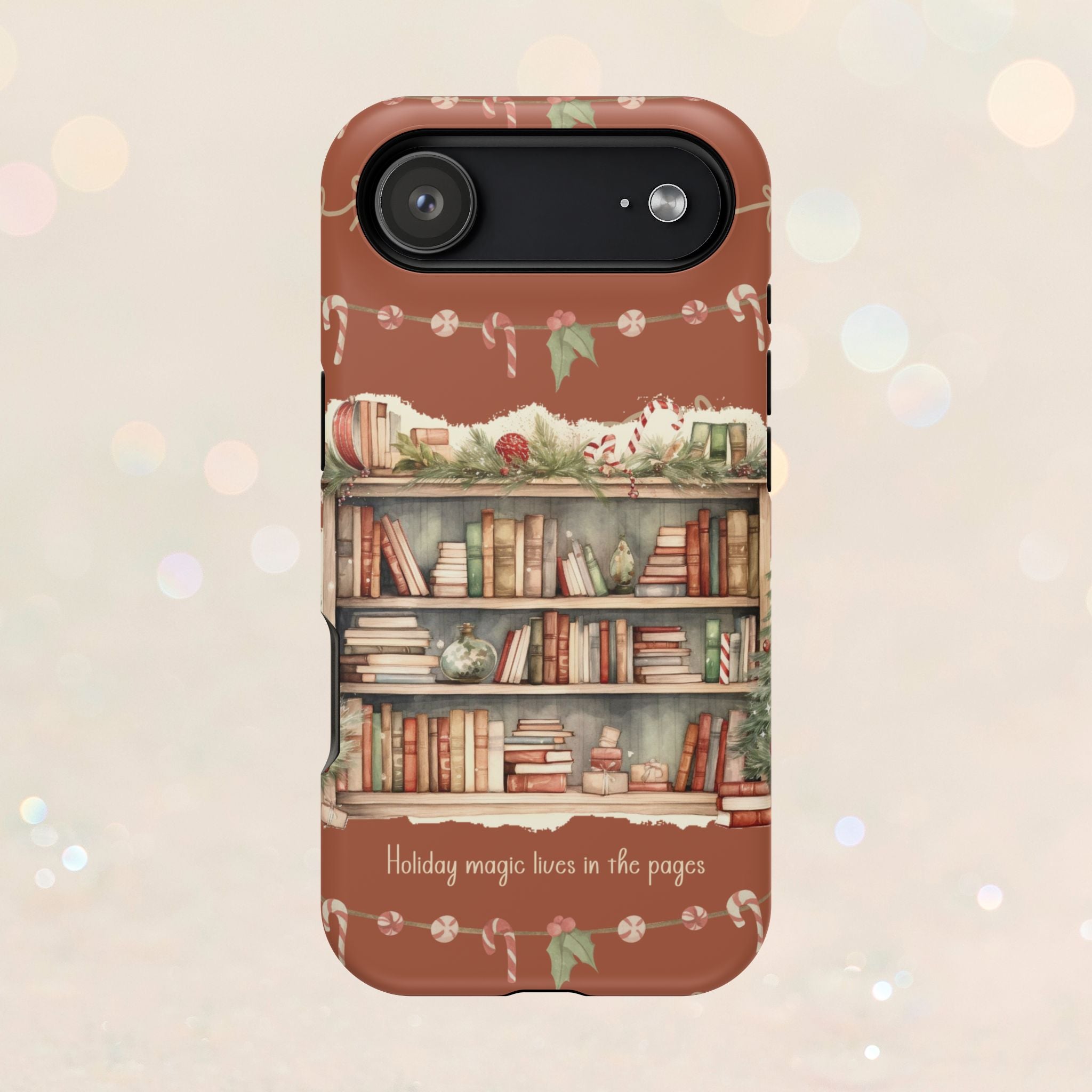 Étui magnétique pour iPhone « Bibliothèque de Noël » – « La magie des fêtes se vit dans les pages »