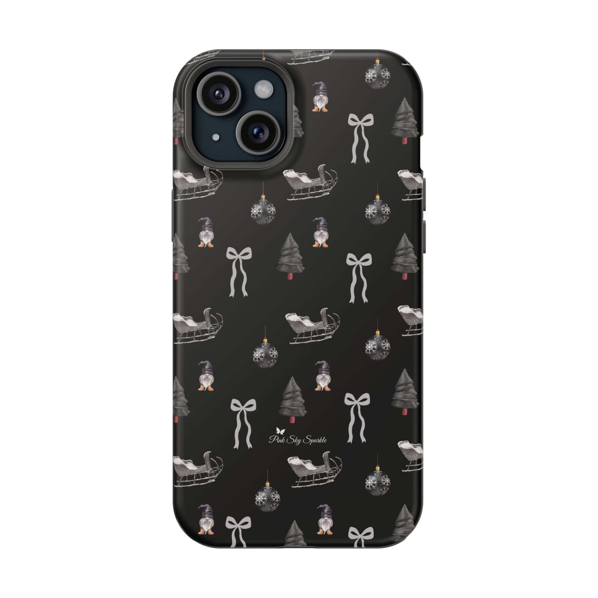 Holiday phone case in grey and black with festive sleigh and tree design