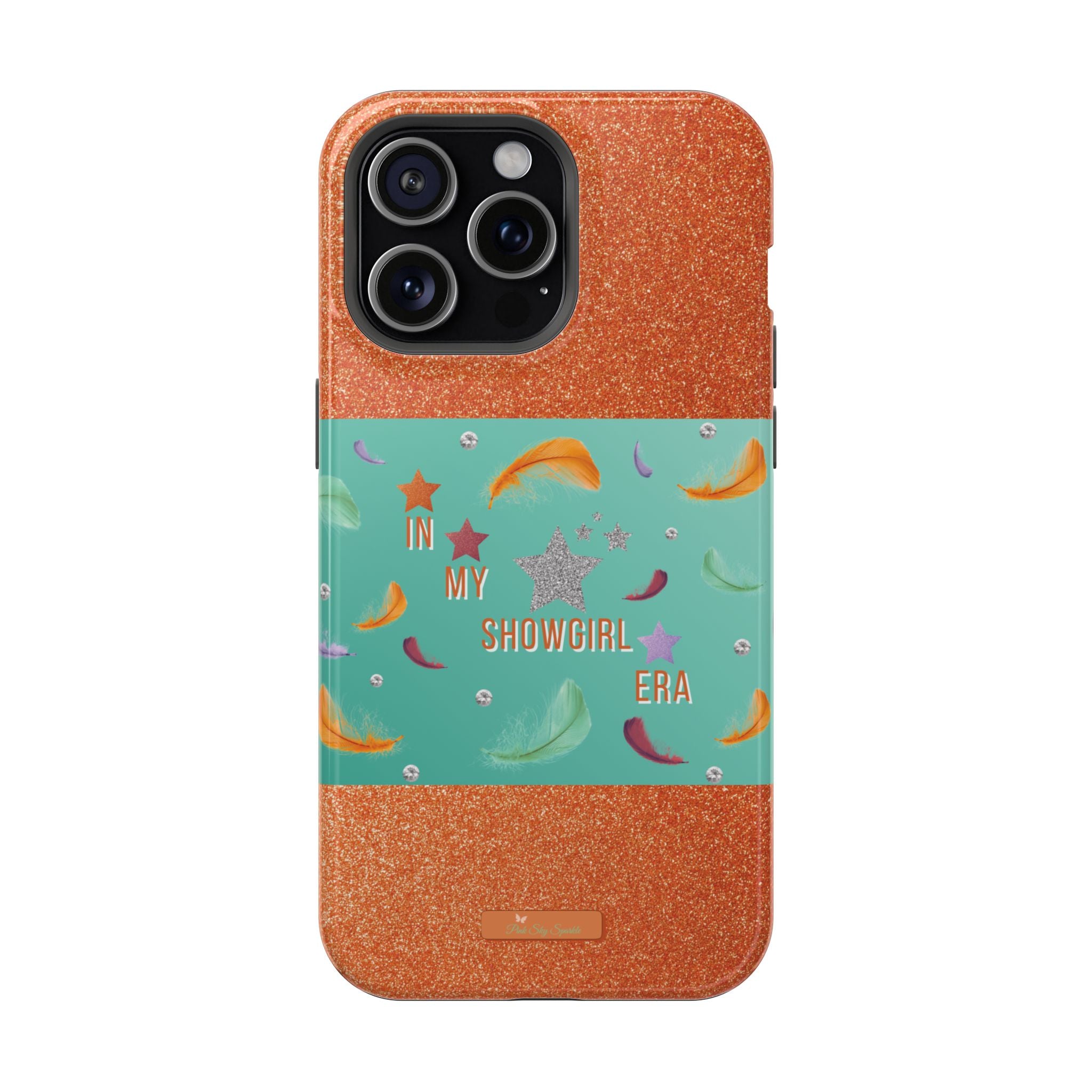 Taylor Swift Themed Phone Case with faux orange glitter and teal/mint green section the middle with feathers and diamonds and the word In my Showgirl Era.