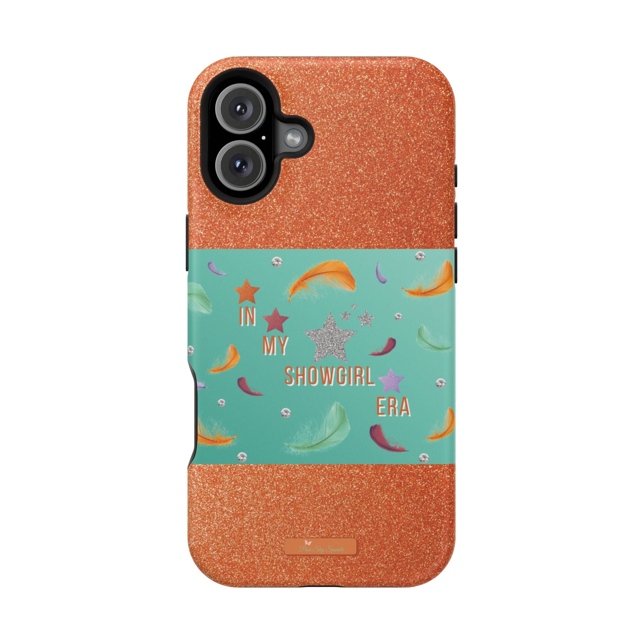 Taylor Swift Themed Phone Case with faux orange glitter and teal/mint green section the middle with feathers and diamonds and the word In my Showgirl Era.