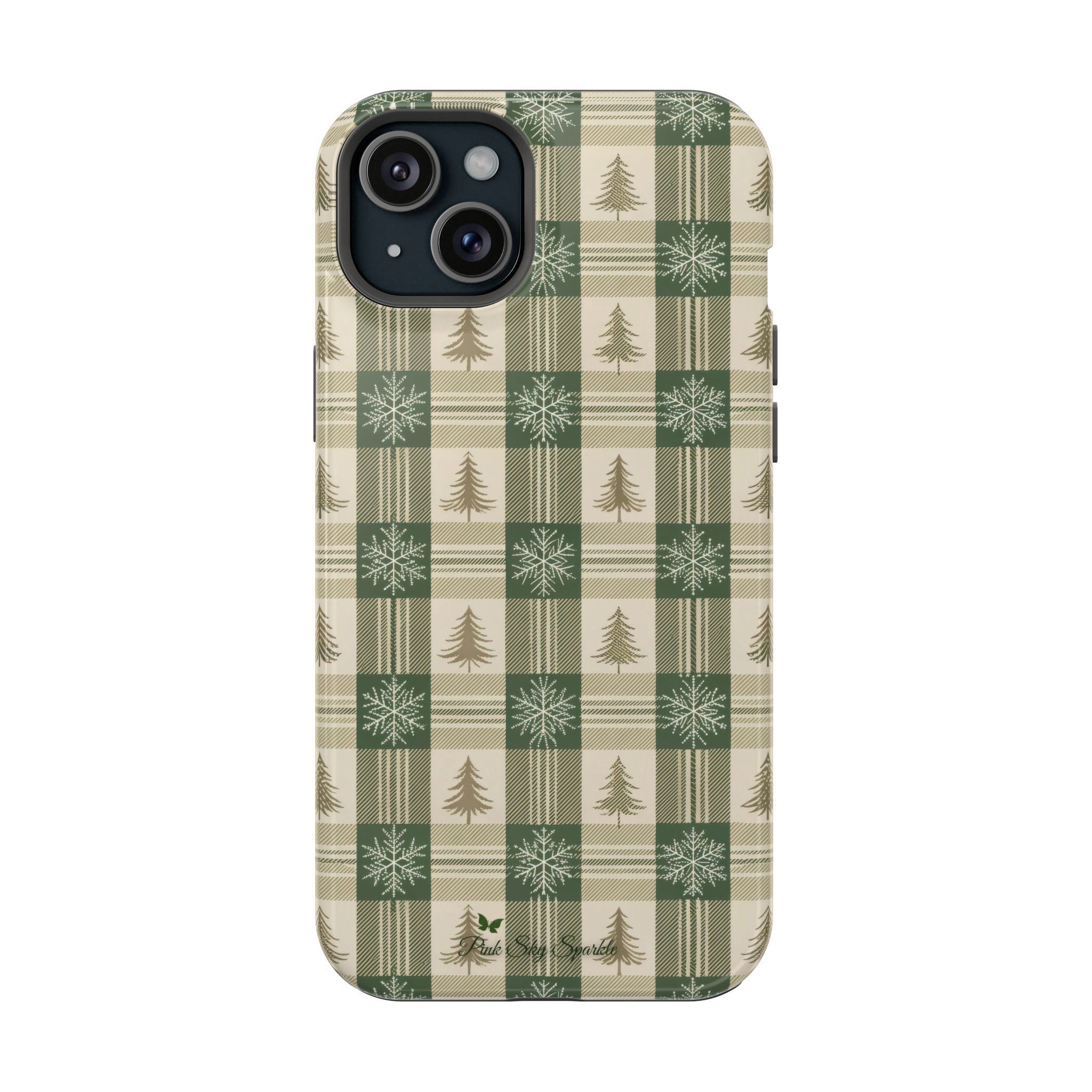 Winter Forest Magnetic iPhone Case – Green Plaid Snowflake Pattern
