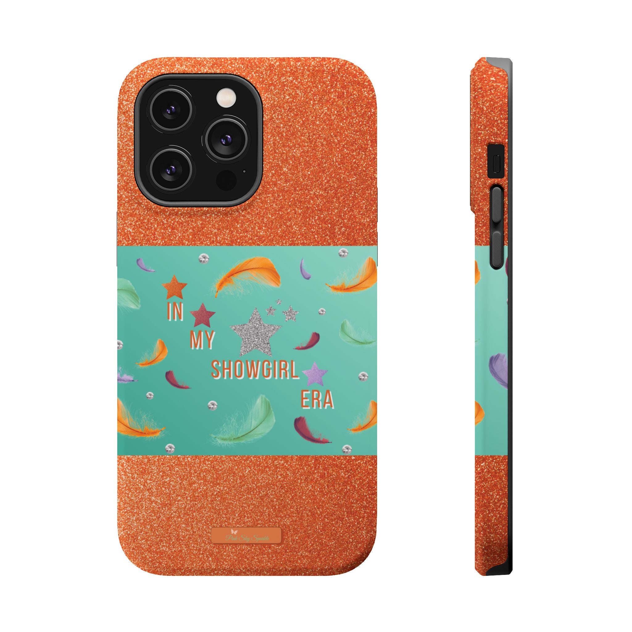 Taylor Swift Themed Phone Case with faux orange glitter and teal/mint green section the middle with feathers and diamonds and the word In my Showgirl Era.