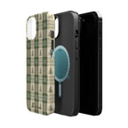 Winter Forest Magnetic iPhone Case – Green Plaid Snowflake Pattern