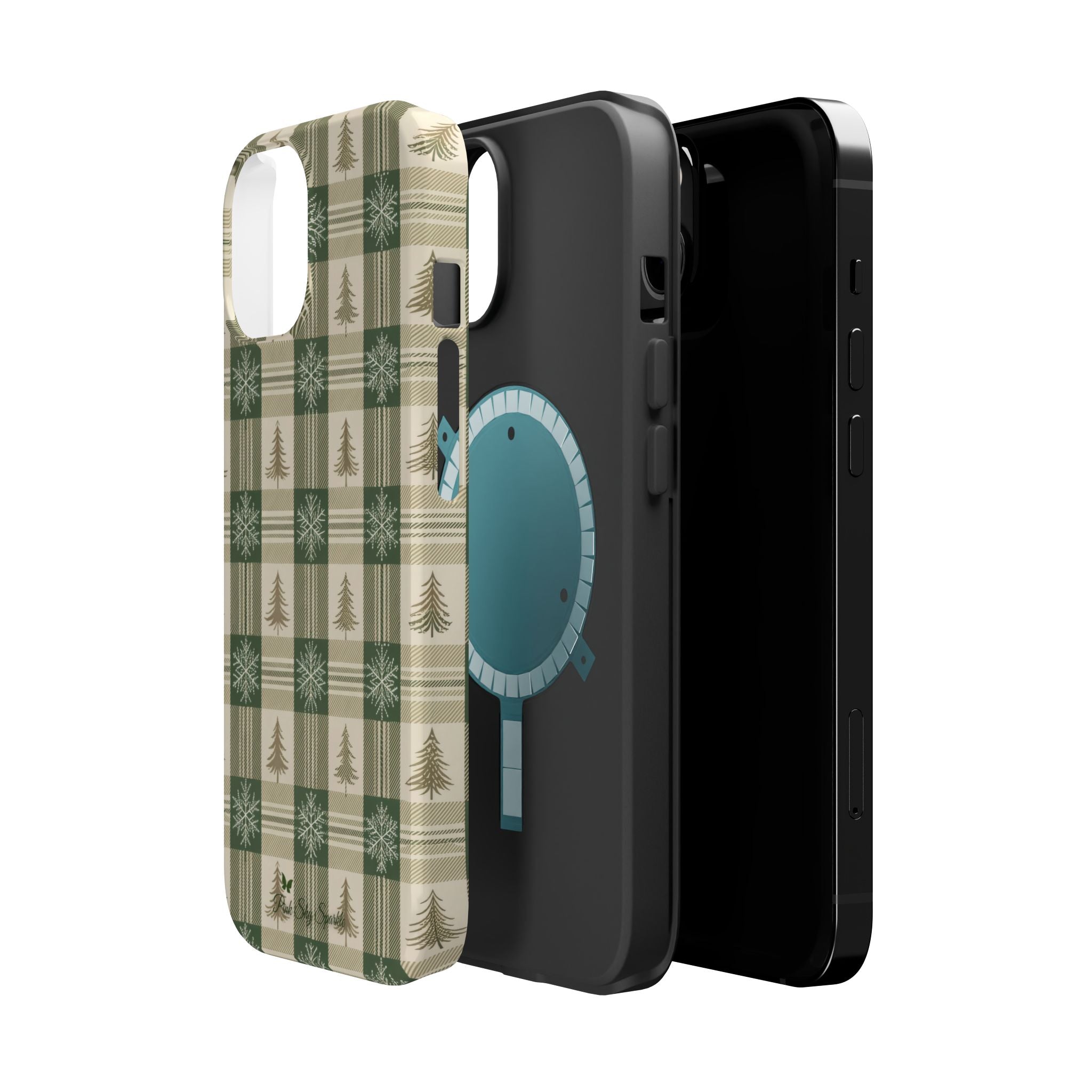 Winter Forest Magnetic iPhone Case – Green Plaid Snowflake Pattern