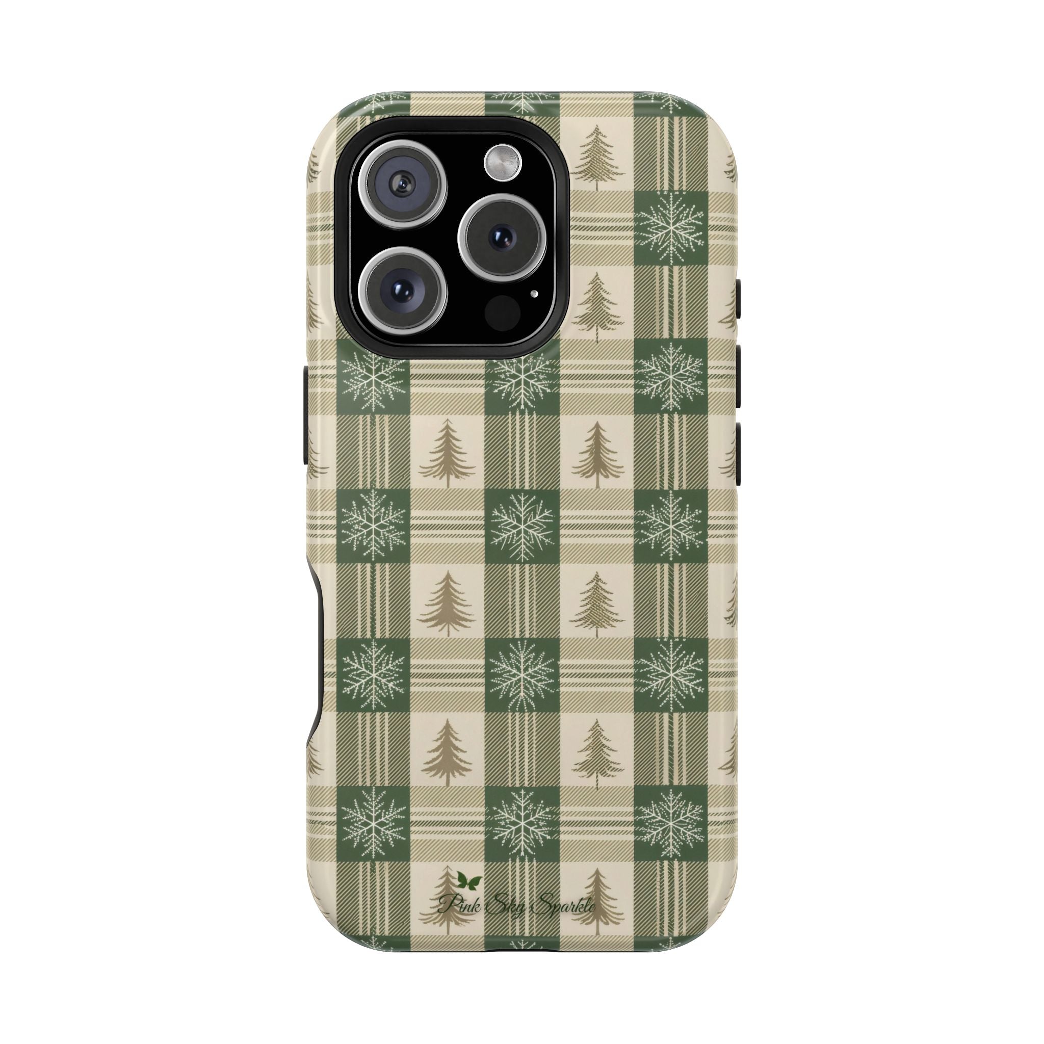 Winter Forest Magnetic iPhone Case – Green Plaid Snowflake Pattern