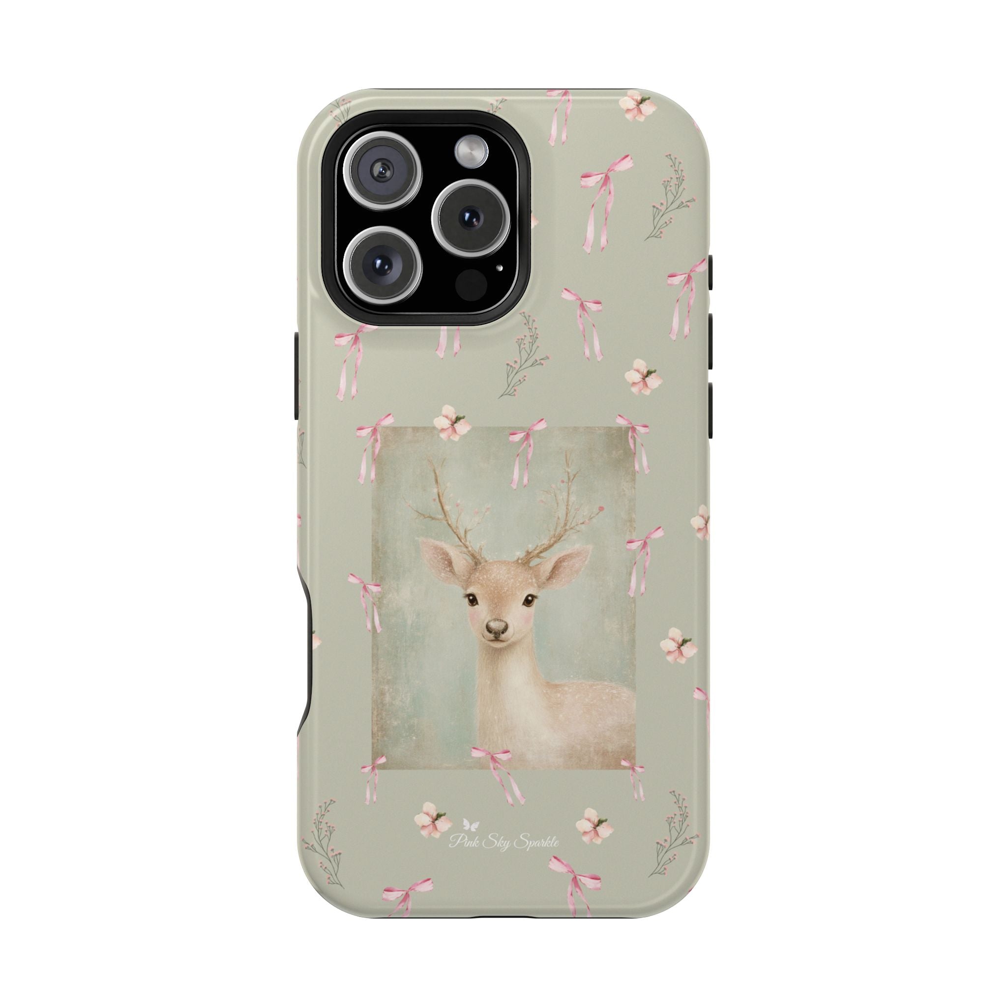 Pastel green magnetic iPhone case with pink bows and a framed woodland fawn painting in the center, cute cottagecore MagSafe-friendly phone case design by Pink Sky Sparkle.
