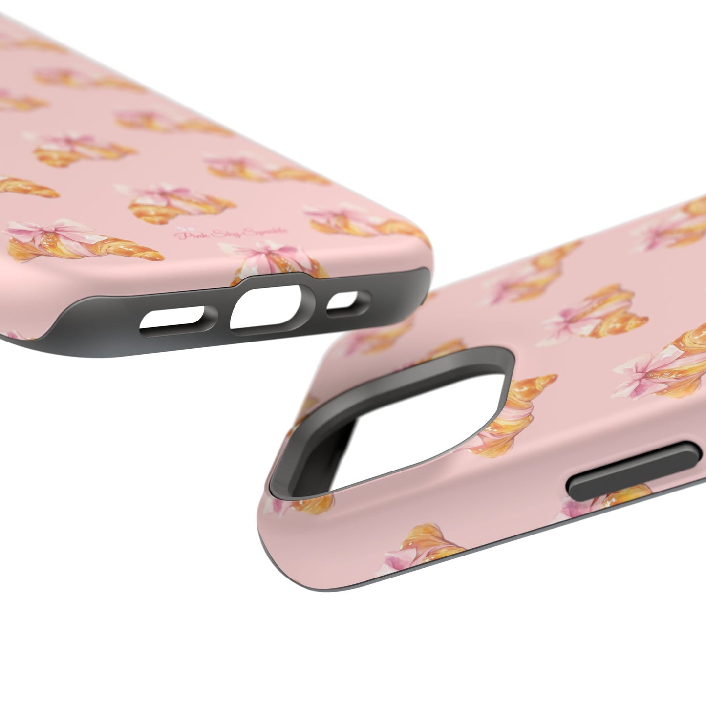 Sweet & Flaky Magnetic iPhone Case – Pink Croissant Pattern with Bows