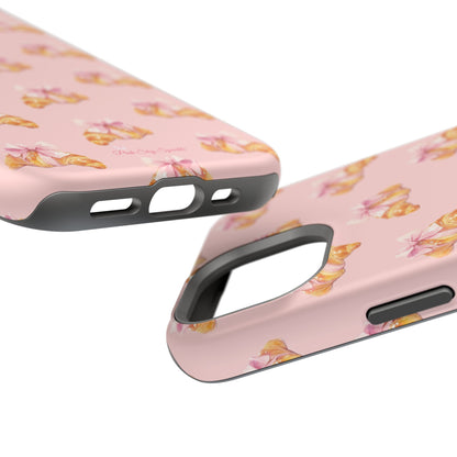Sweet & Flaky Magnetic iPhone Case – Pink Croissant Pattern with Bows