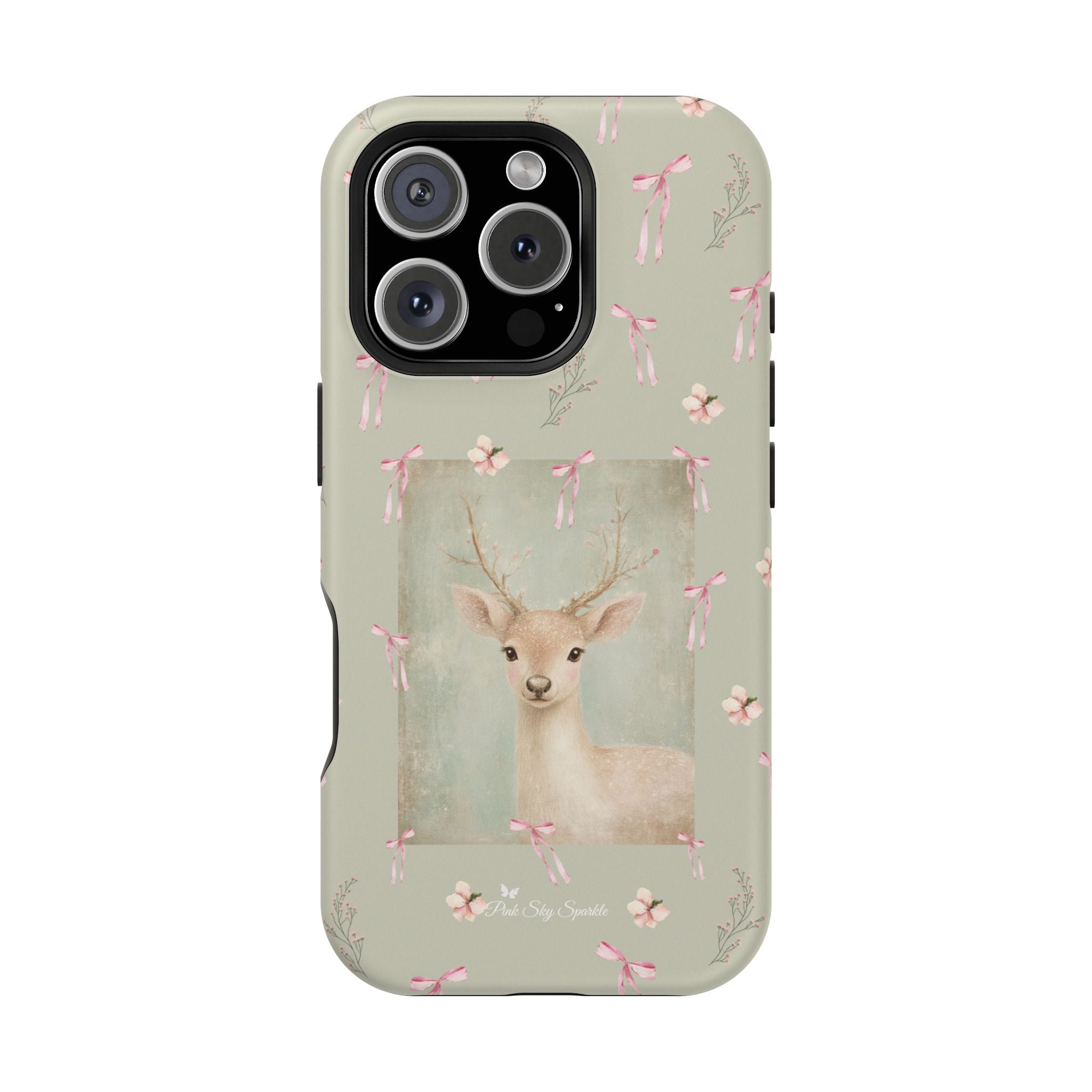 Pastel green magnetic iPhone case with pink bows and a framed woodland fawn painting in the center, cute cottagecore MagSafe-friendly phone case design by Pink Sky Sparkle.