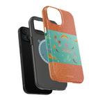 Taylor Swift Themed Phone Case with faux orange glitter and teal/mint green section the middle with feathers and diamonds and the word In my Showgirl Era.