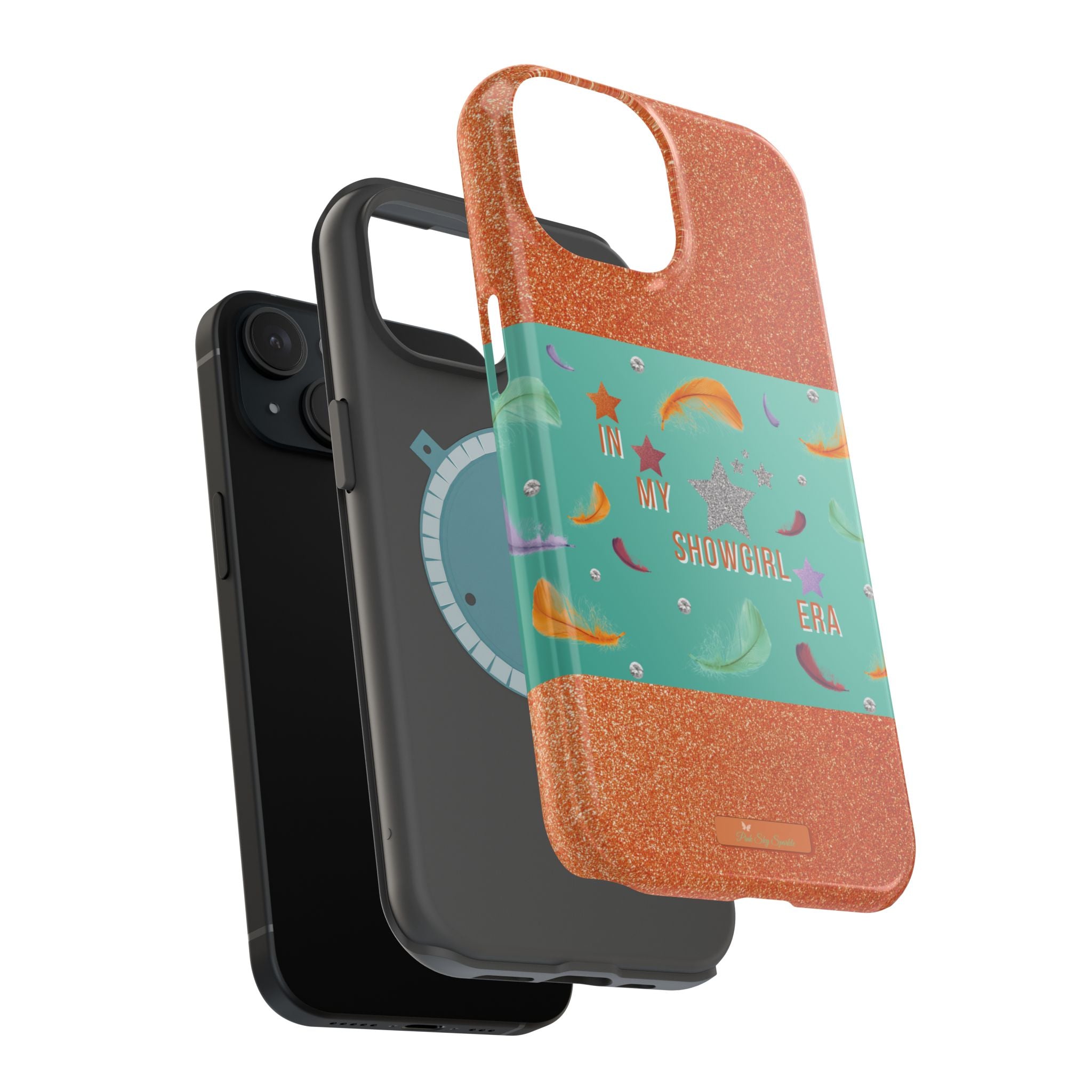 Taylor Swift Themed Phone Case with faux orange glitter and teal/mint green section the middle with feathers and diamonds and the word In my Showgirl Era.
