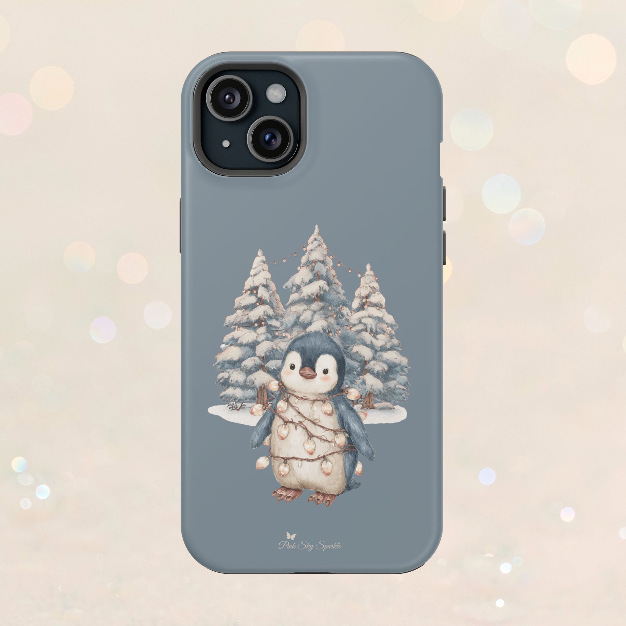 Coque magnétique pour iPhone Pingouin avec guirlande lumineuse de Noël