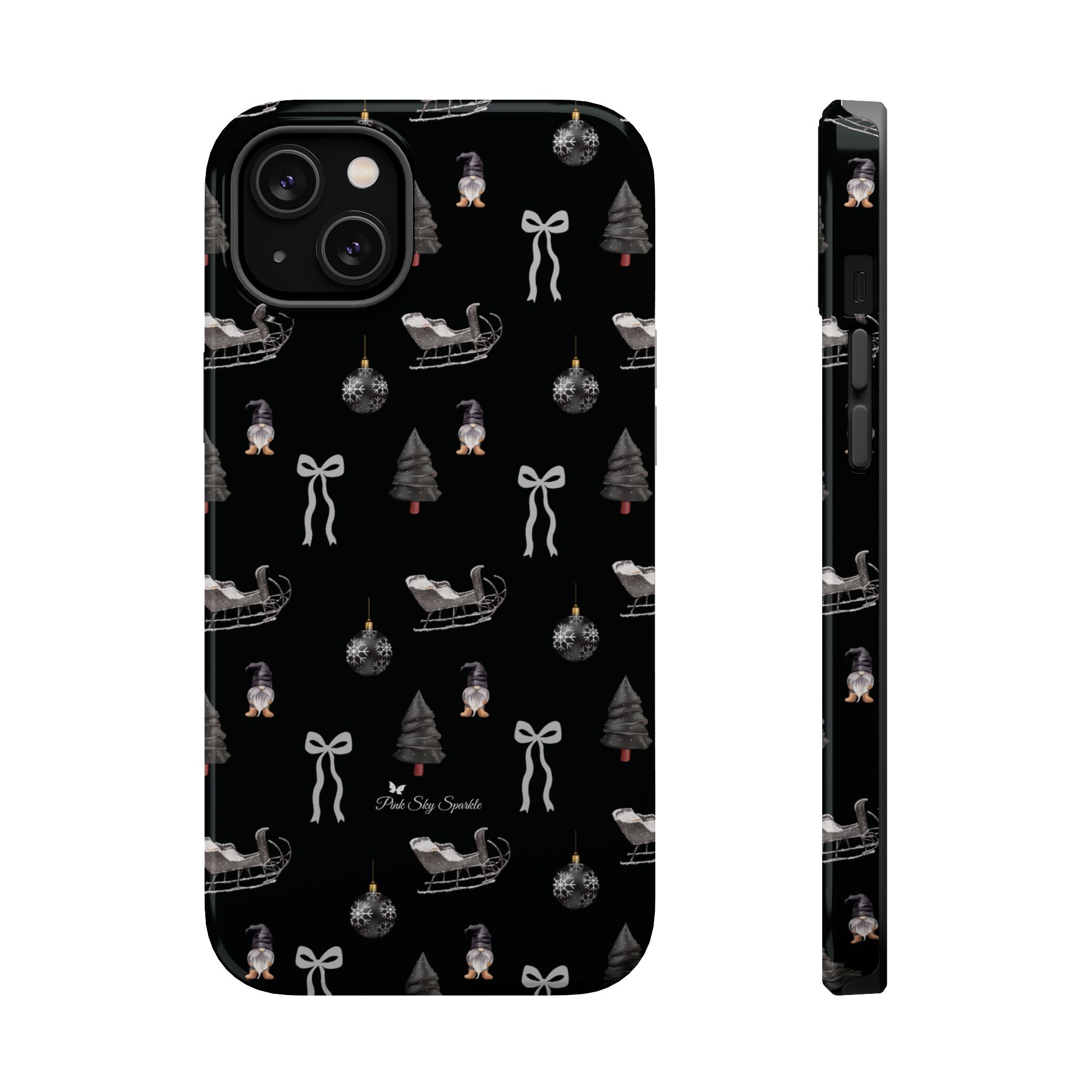 Phone case with Christmas-themed design on a black background