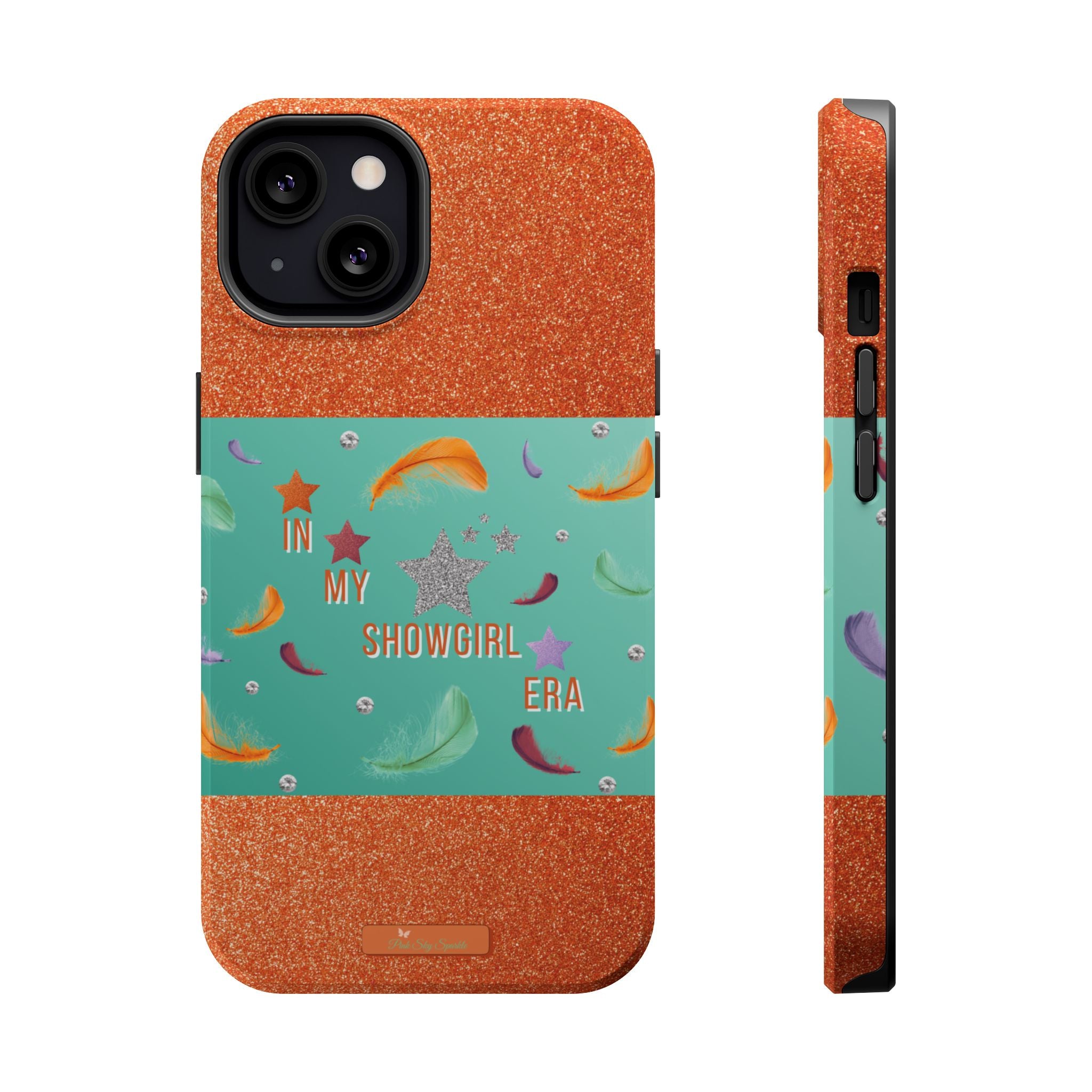 Taylor Swift Themed Phone Case with faux orange glitter and teal/mint green section the middle with feathers and diamonds and the word In my Showgirl Era.