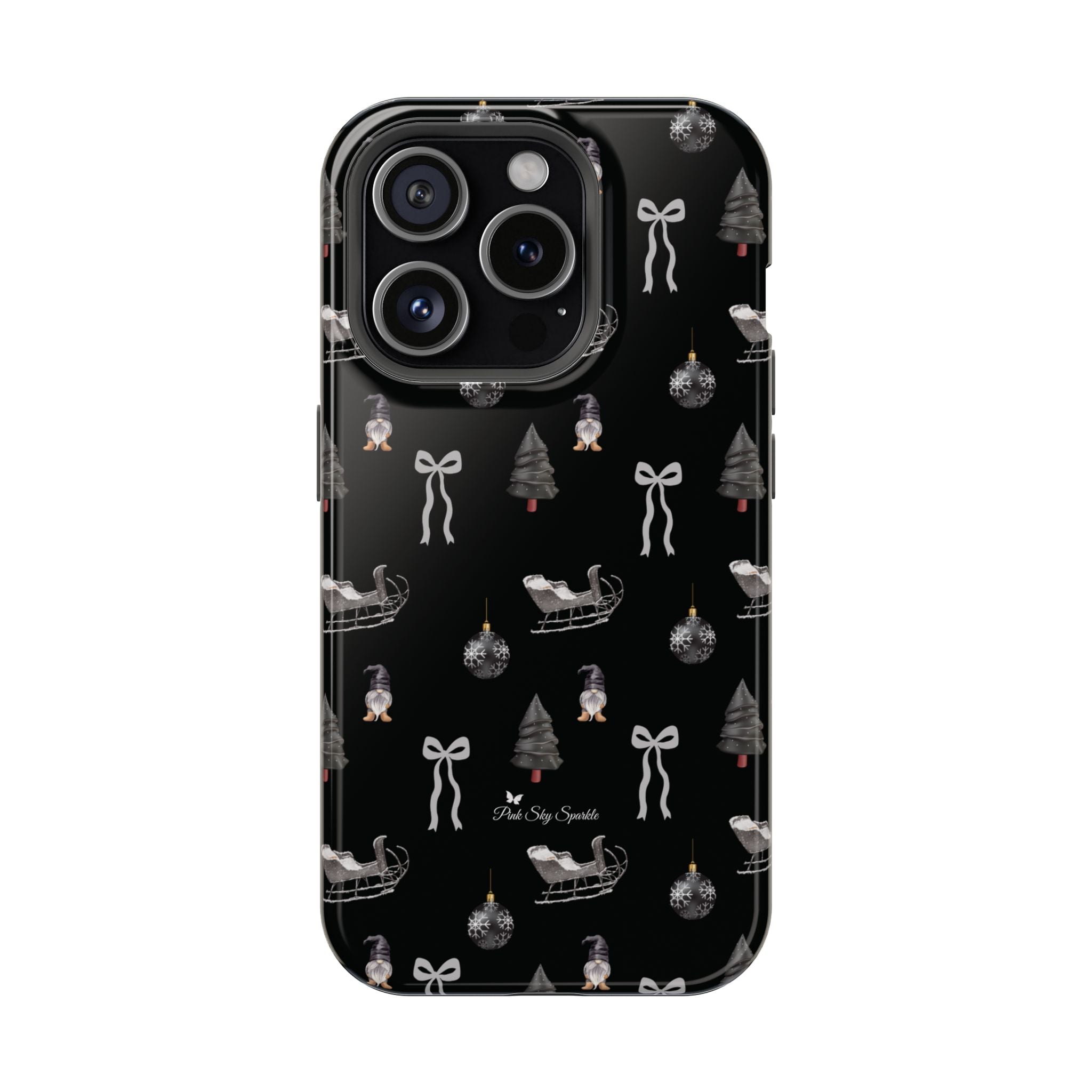 Sleek black iPhone case with silver Christmas sleigh, bows, and ornaments pattern