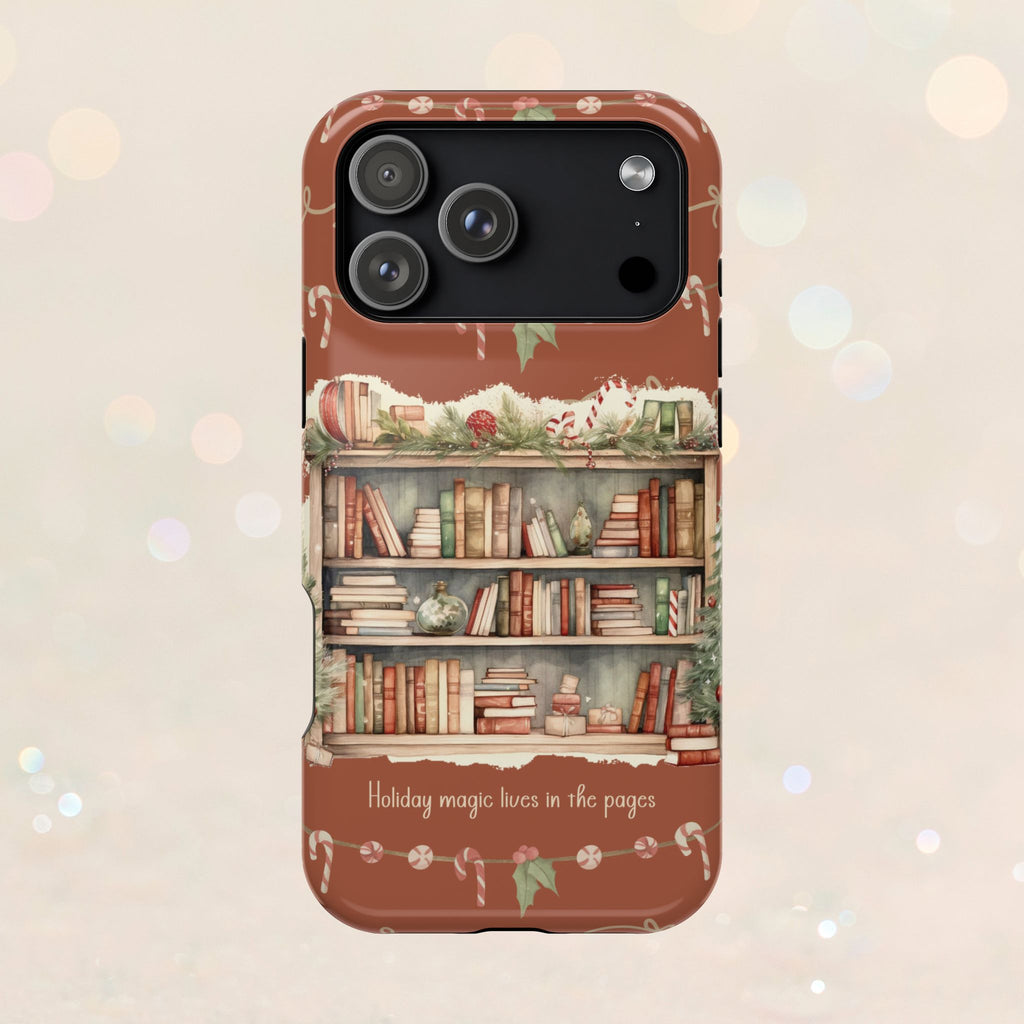 Étui magnétique pour iPhone « Bibliothèque de Noël » – « La magie des fêtes se vit dans les pages »