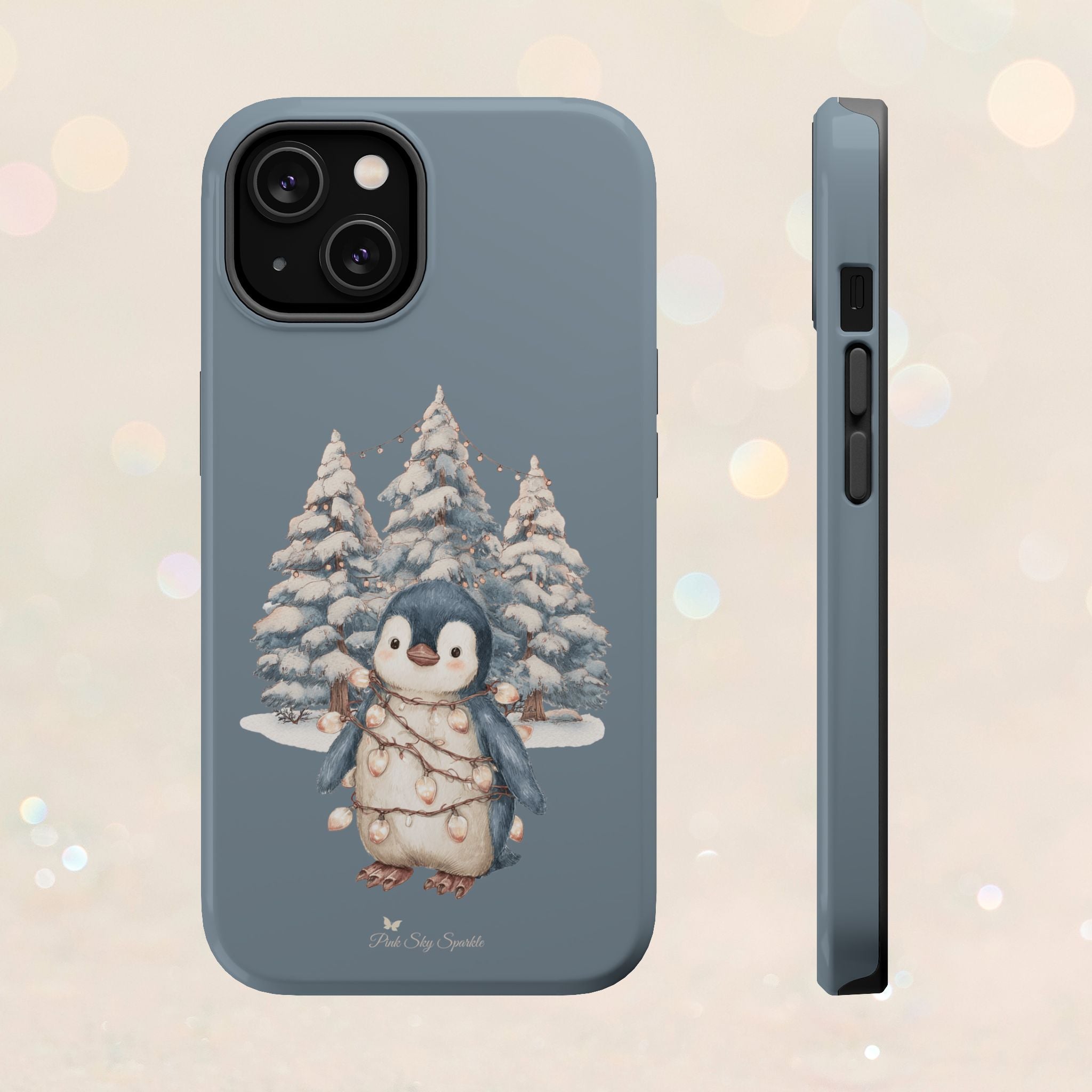 Coque magnétique pour iPhone Pingouin avec guirlande lumineuse de Noël