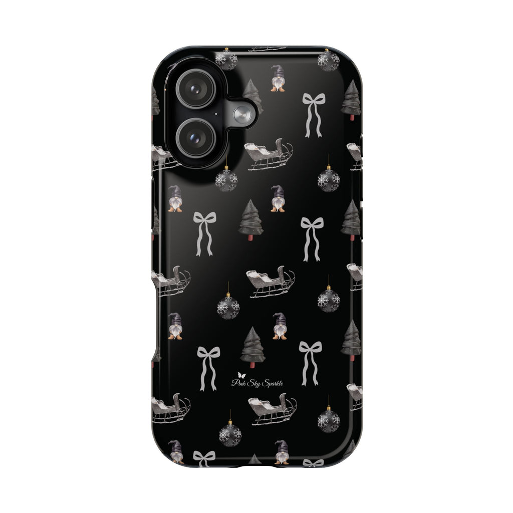 Phone case with Christmas-themed design on a black background
