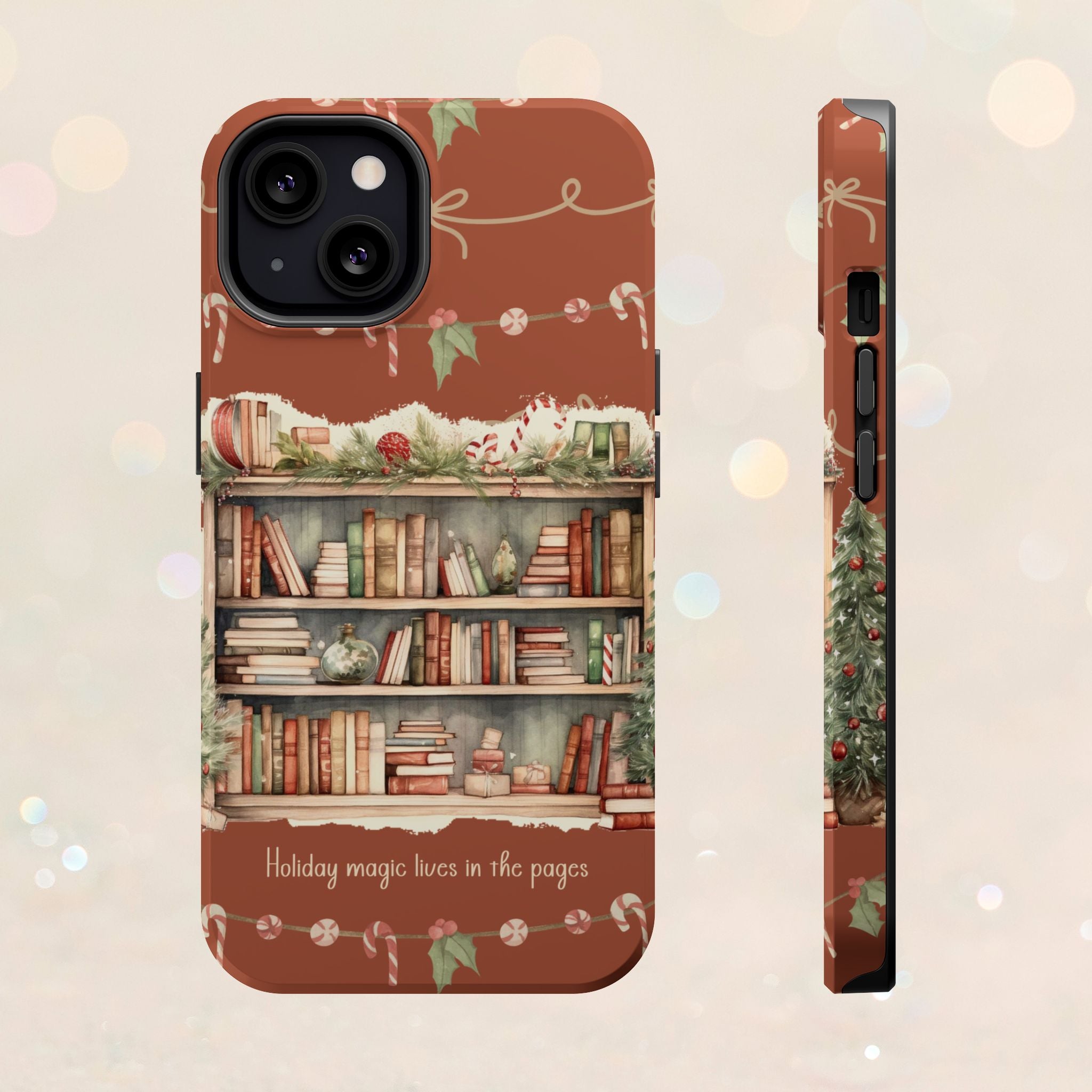Étui magnétique pour iPhone « Bibliothèque de Noël » – « La magie des fêtes se vit dans les pages »