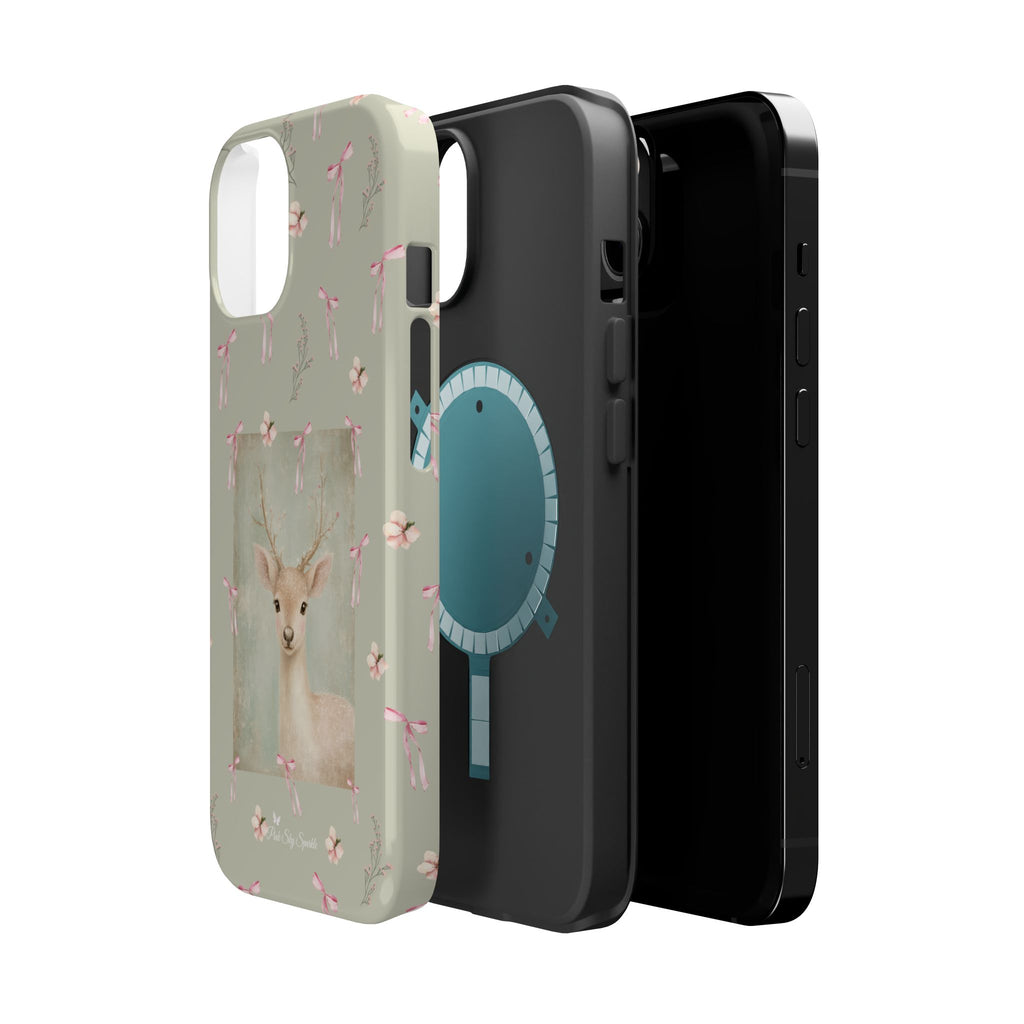 Pastel green magnetic iPhone case with pink bows and a framed woodland fawn painting in the center, cute cottagecore MagSafe-friendly phone case design by Pink Sky Sparkle.