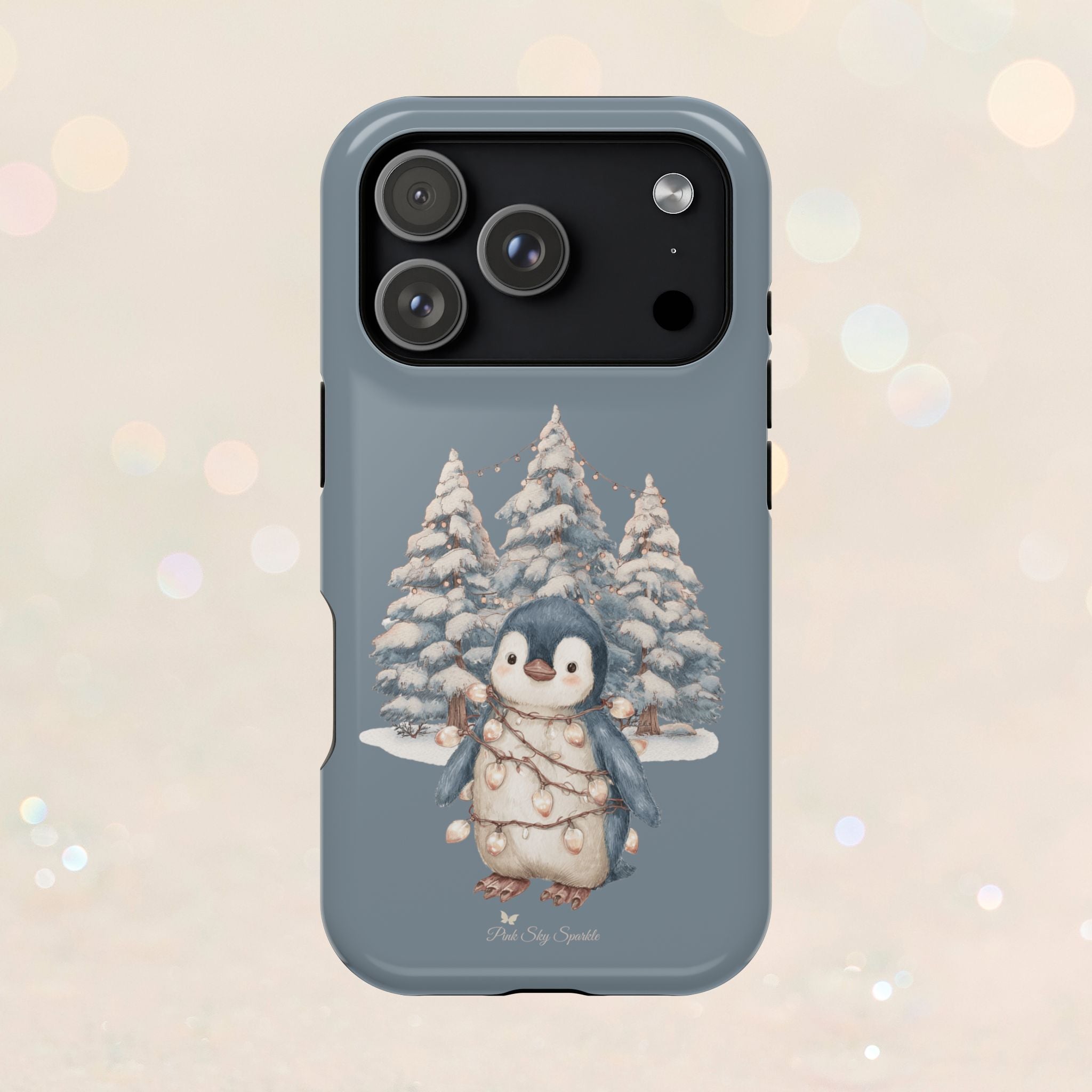Coque magnétique pour iPhone Pingouin avec guirlande lumineuse de Noël