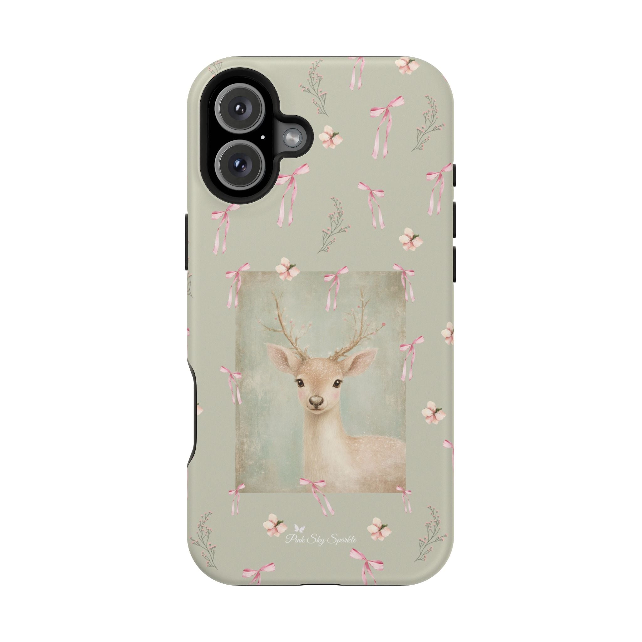 Pastel green magnetic iPhone case with pink bows and a framed woodland fawn painting in the center, cute cottagecore MagSafe-friendly phone case design by Pink Sky Sparkle.