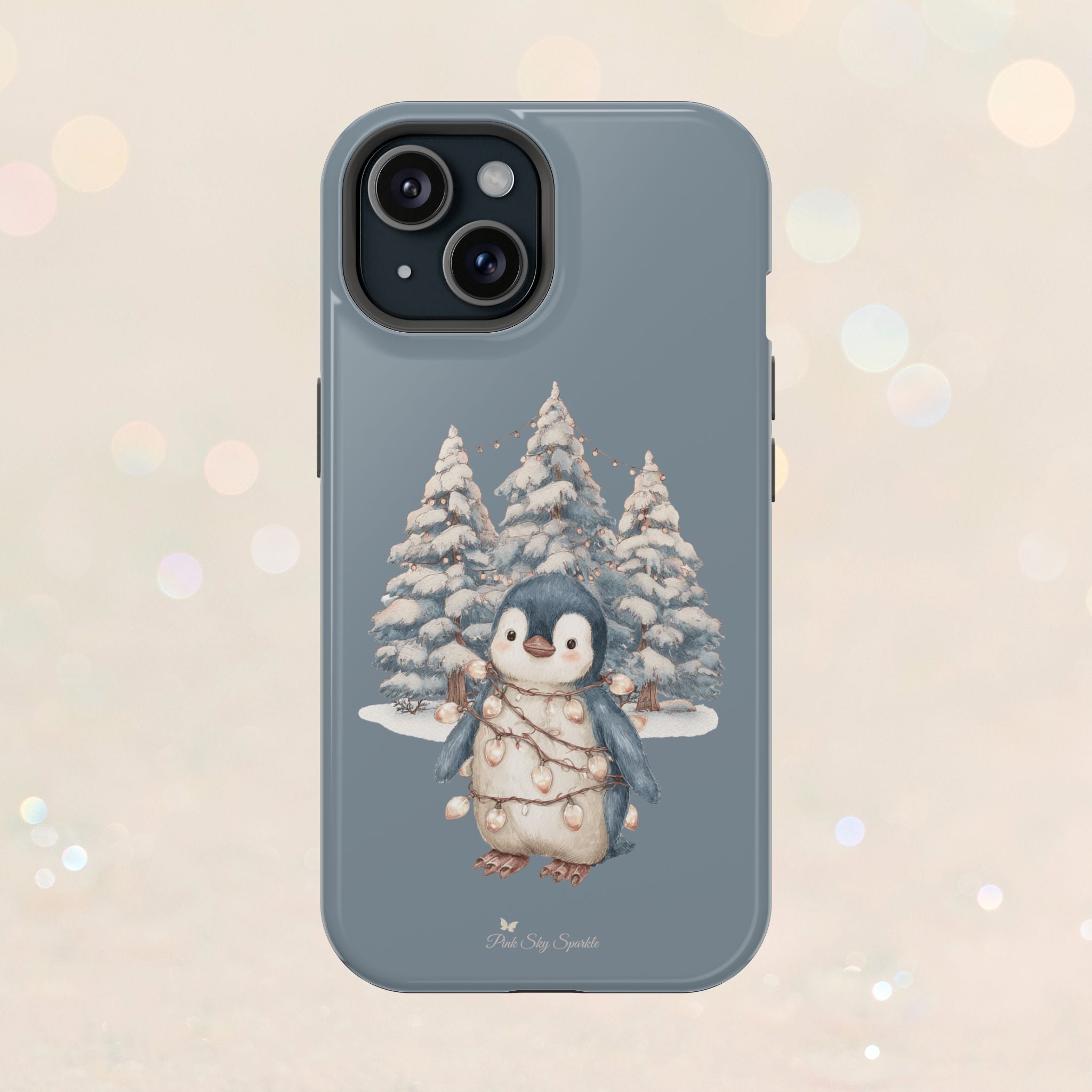 Coque magnétique pour iPhone Pingouin avec guirlande lumineuse de Noël