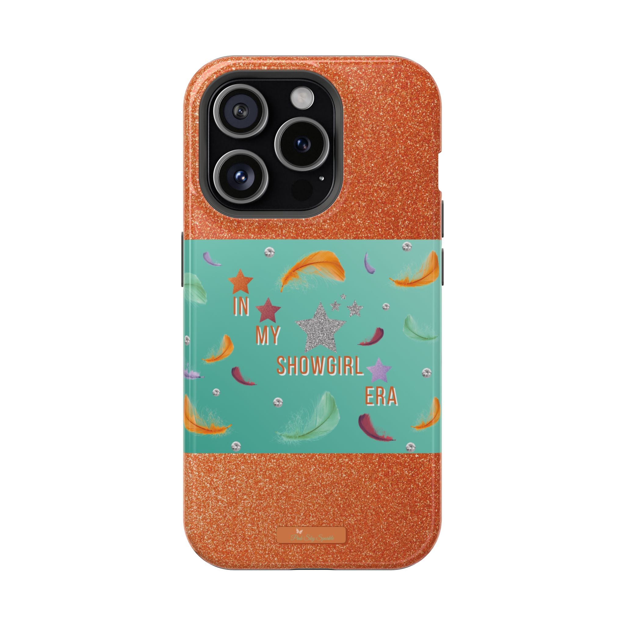 Taylor Swift Themed Phone Case with faux orange glitter and teal/mint green section the middle with feathers and diamonds and the word In my Showgirl Era.