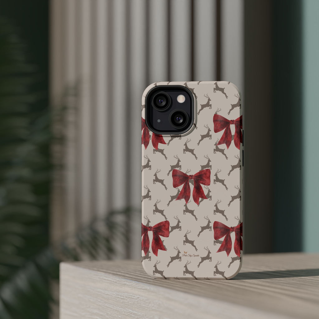 Reindeer Ribbons Magnetic iPhone Case – Festive Red Bow & Reindeer Design