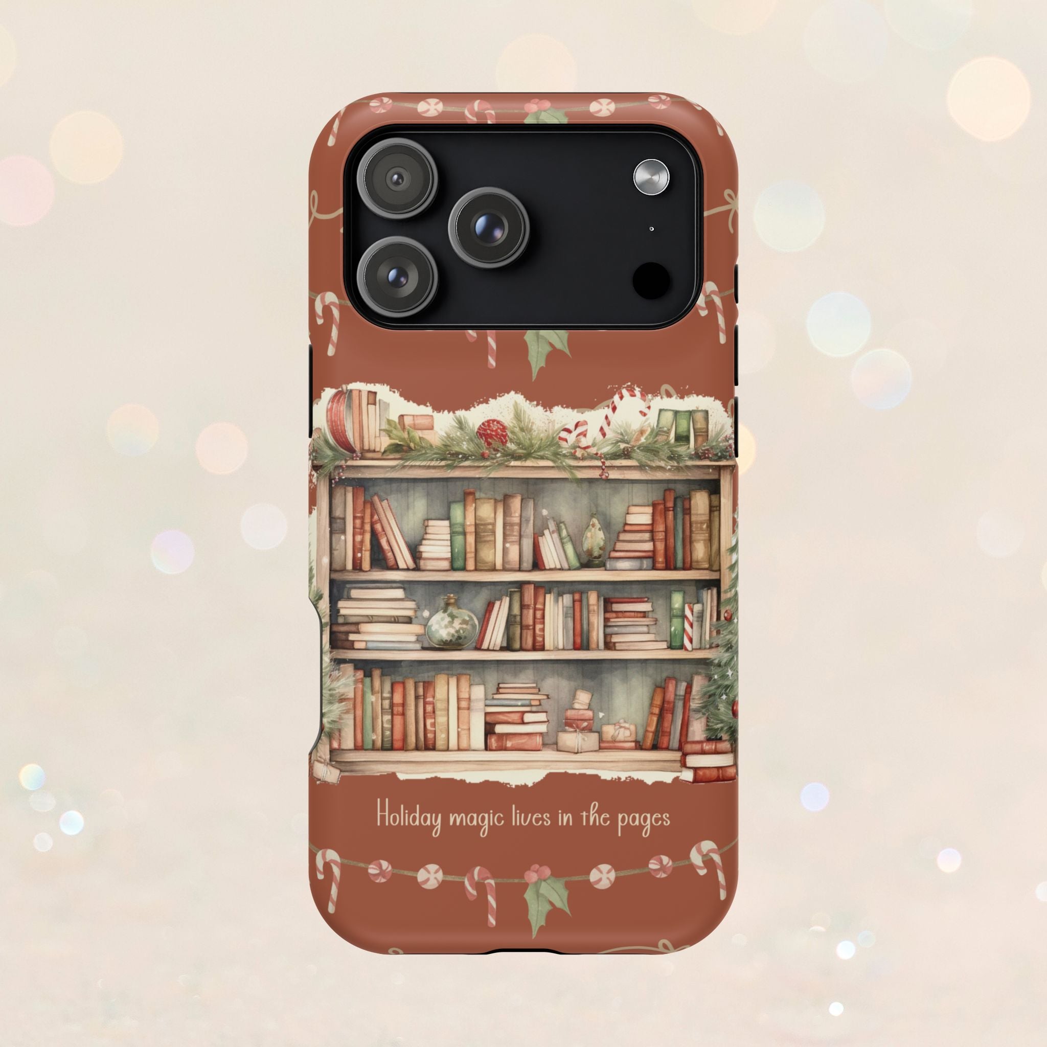 Étui magnétique pour iPhone « Bibliothèque de Noël » – « La magie des fêtes se vit dans les pages »
