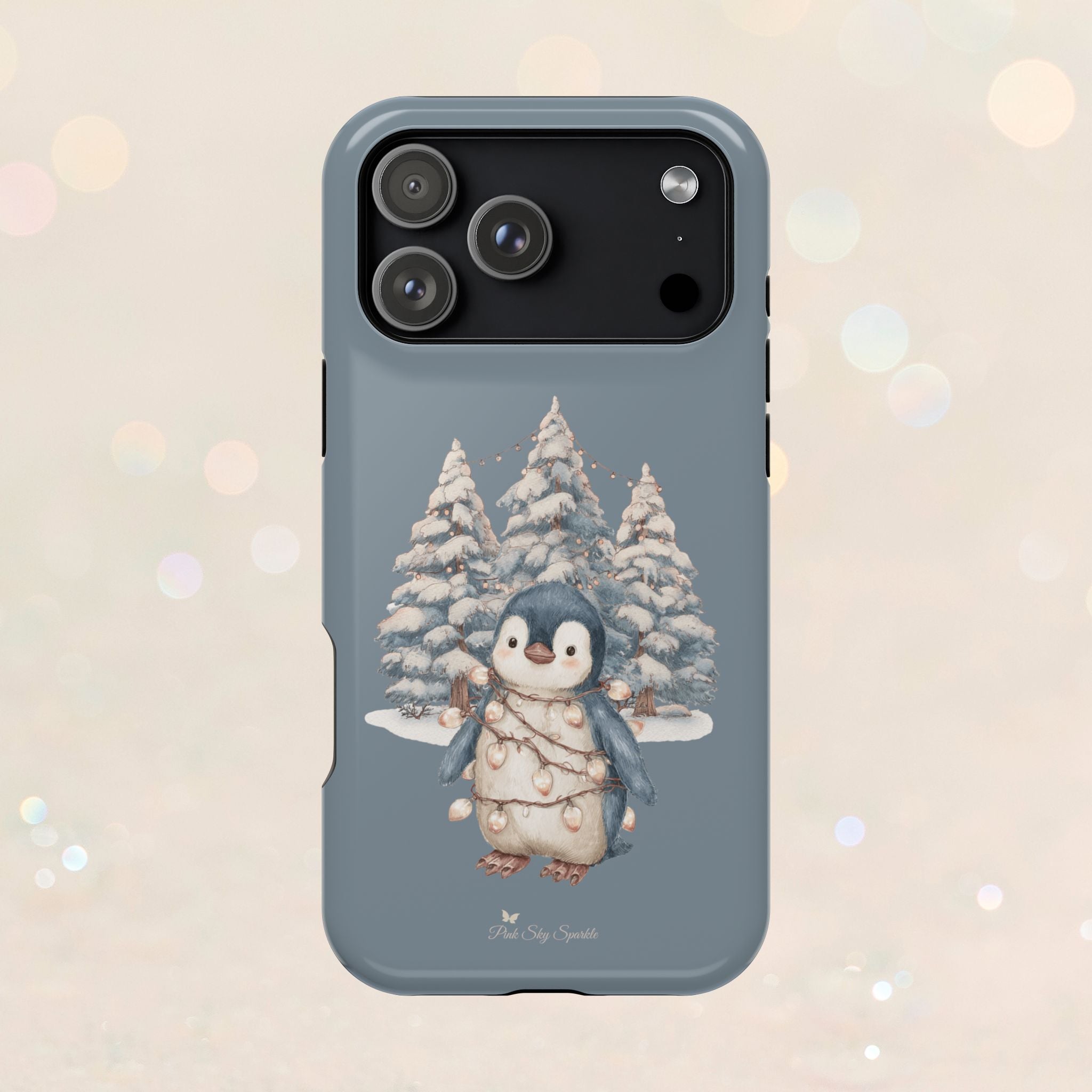 Coque magnétique pour iPhone Pingouin avec guirlande lumineuse de Noël