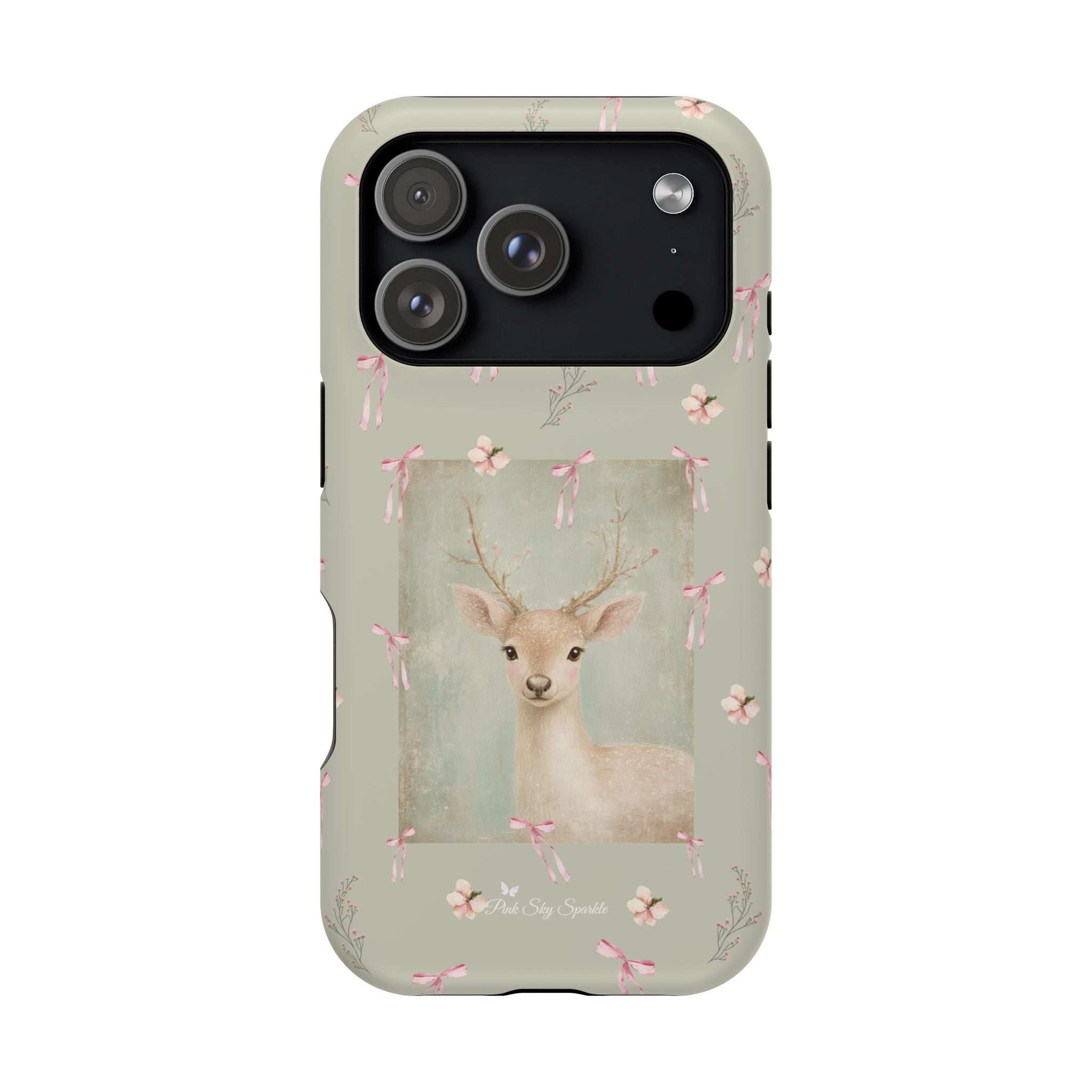Pastel green magnetic iPhone case with pink bows and a framed woodland fawn painting in the center, cute cottagecore MagSafe-friendly phone case design by Pink Sky Sparkle.