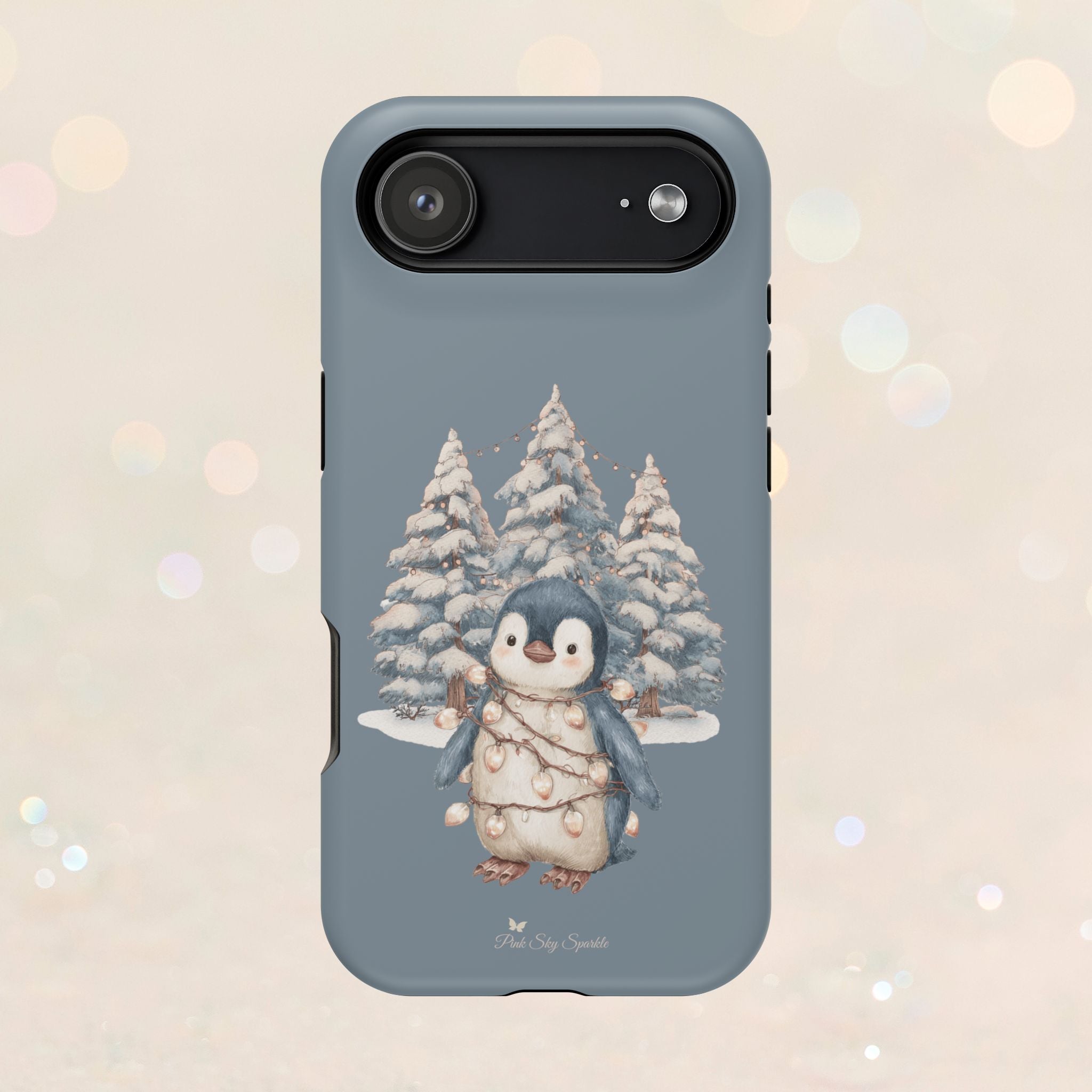 Coque magnétique pour iPhone Pingouin avec guirlande lumineuse de Noël