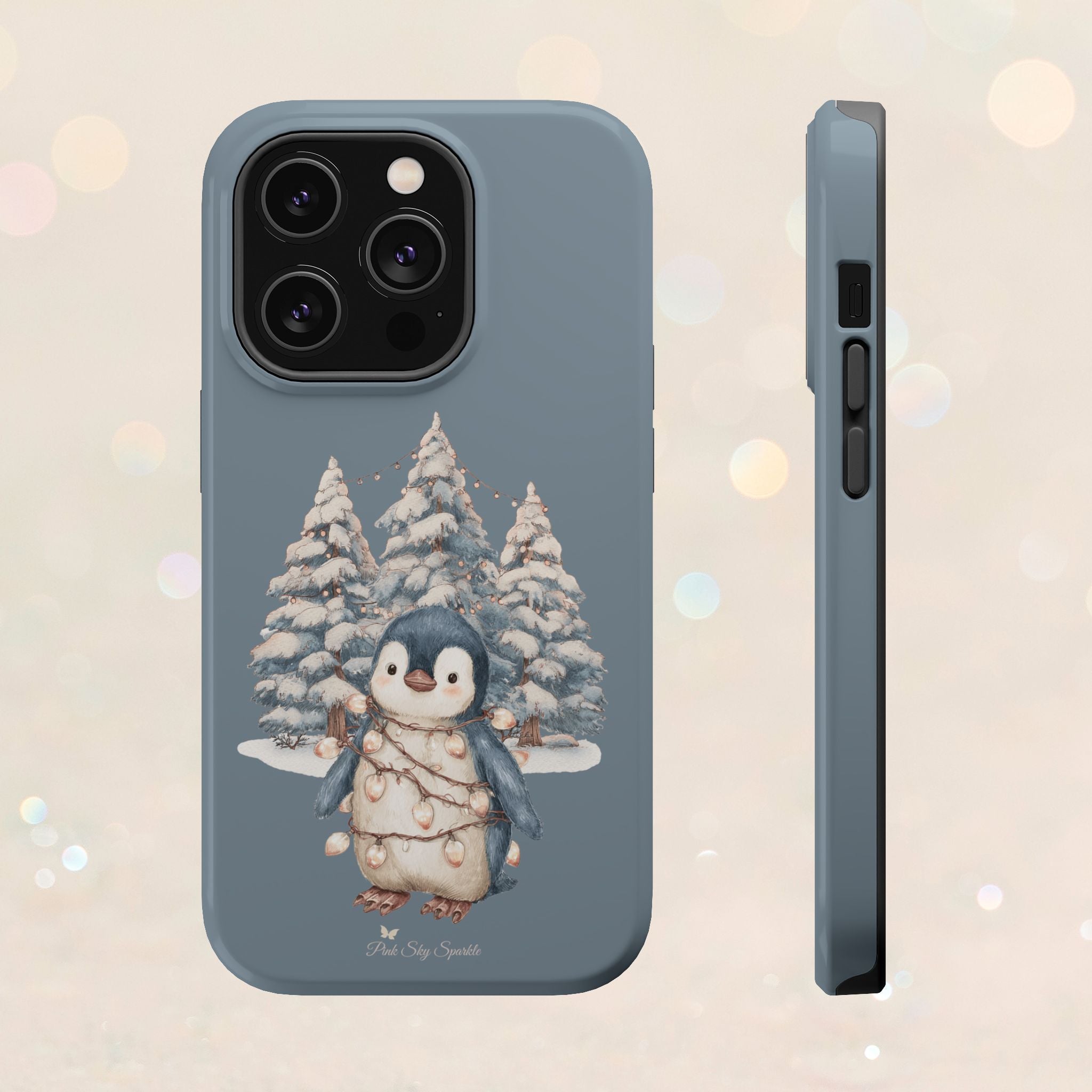 Coque magnétique pour iPhone Pingouin avec guirlande lumineuse de Noël