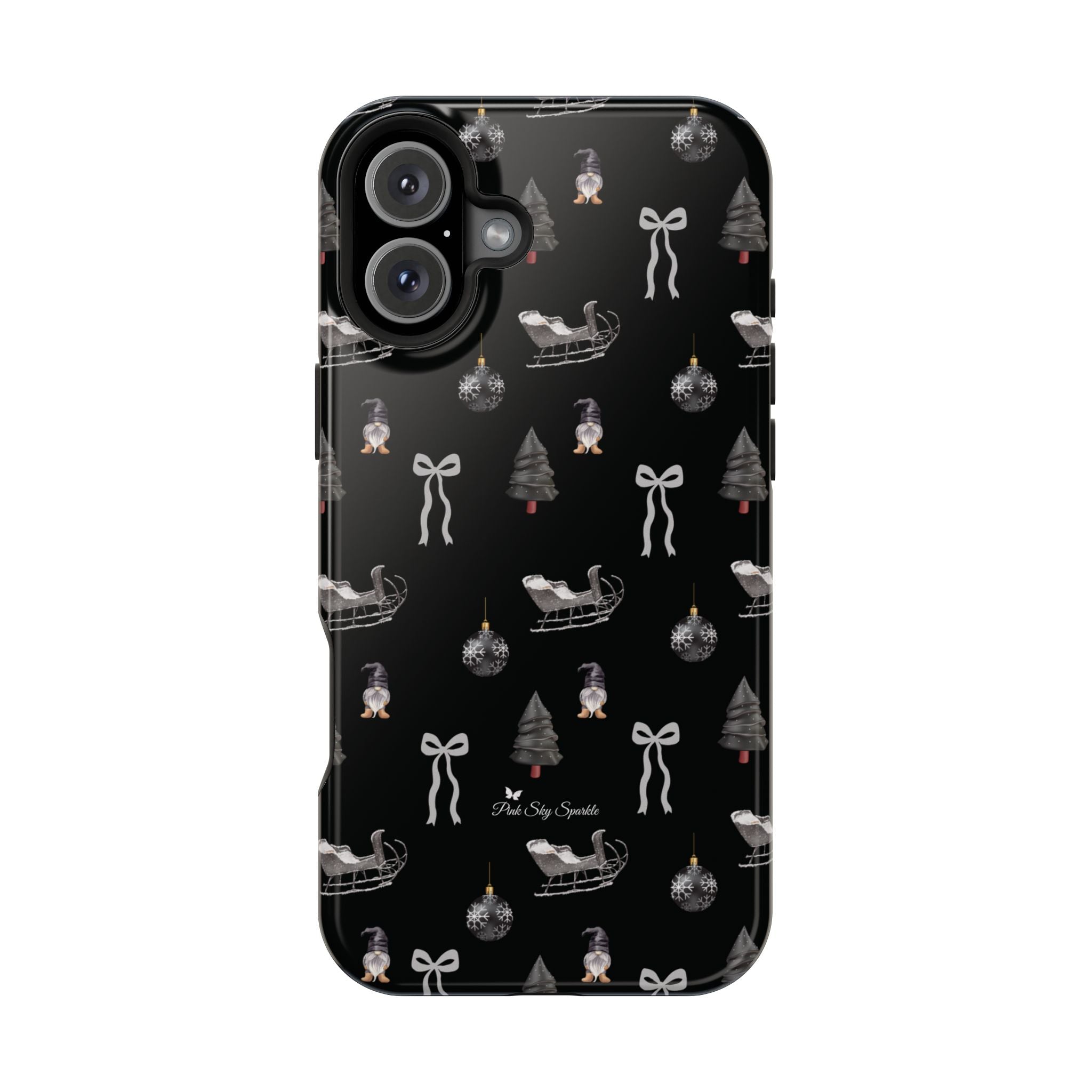 Holiday phone case in grey and black with festive sleigh and tree design