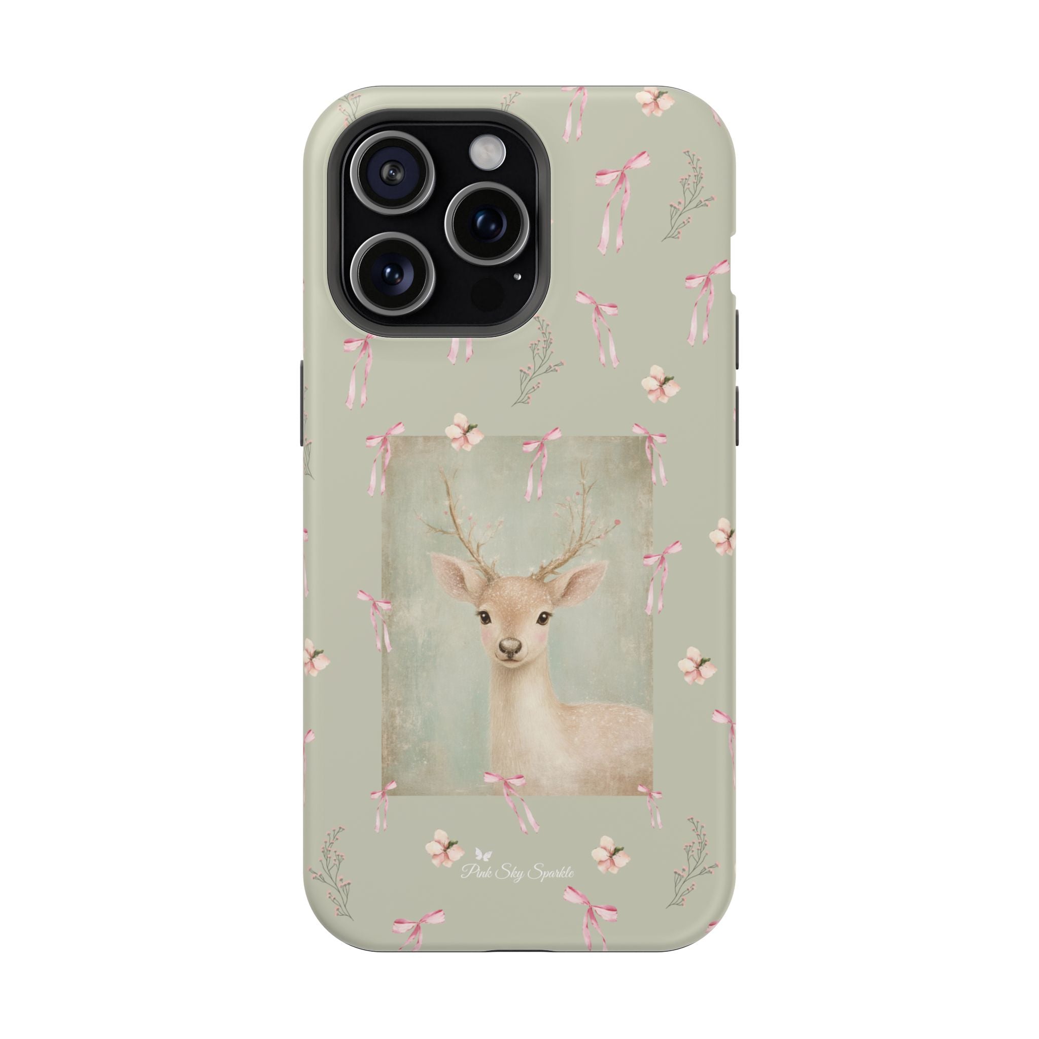 Pastel green magnetic iPhone case with pink bows and a framed woodland fawn painting in the center, cute cottagecore MagSafe-friendly phone case design by Pink Sky Sparkle.