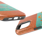 Taylor Swift Themed Phone Case with faux orange glitter and teal/mint green section the middle with feathers and diamonds and the word In my Showgirl Era.