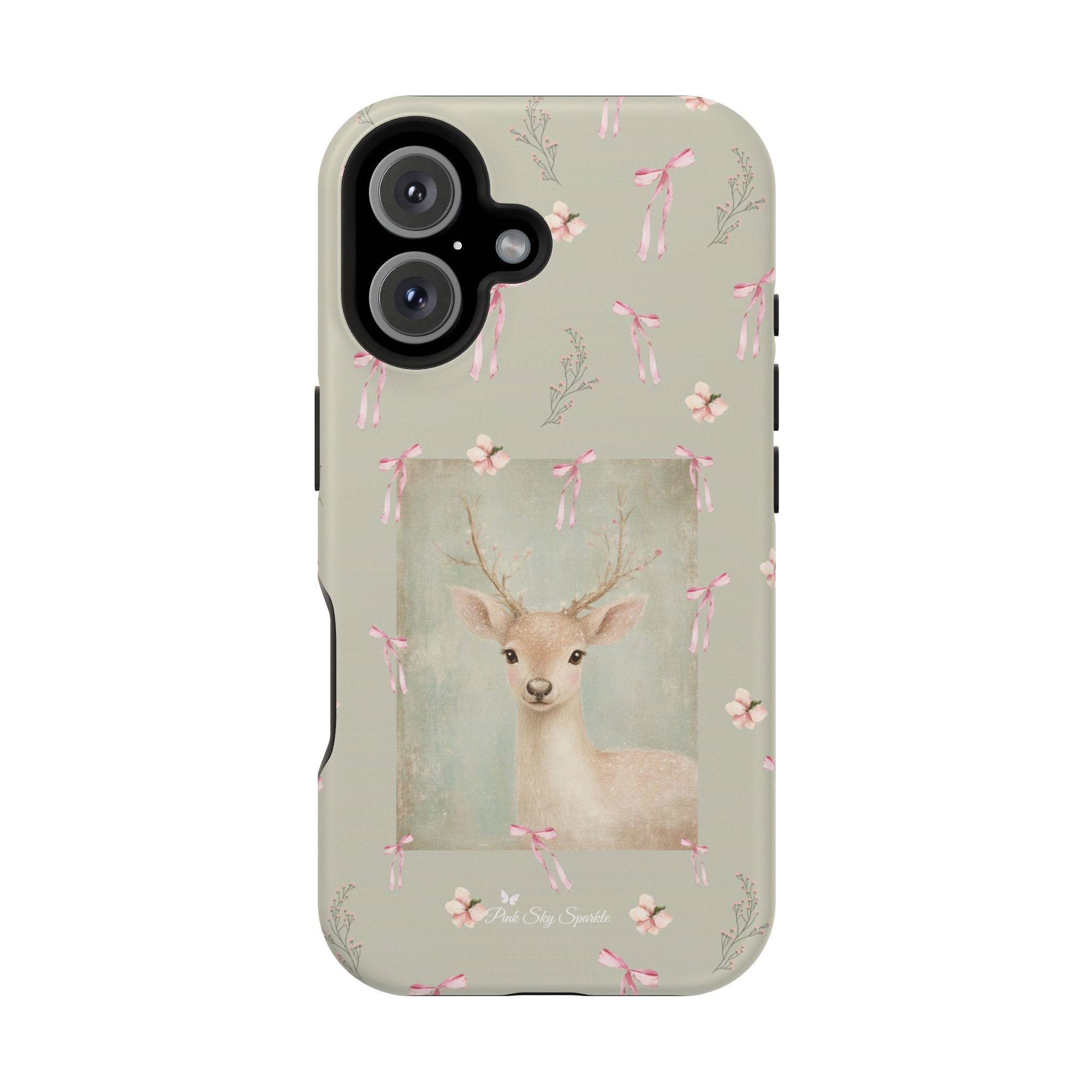 Pastel green magnetic iPhone case with pink bows and a framed woodland fawn painting in the center, cute cottagecore MagSafe-friendly phone case design by Pink Sky Sparkle.