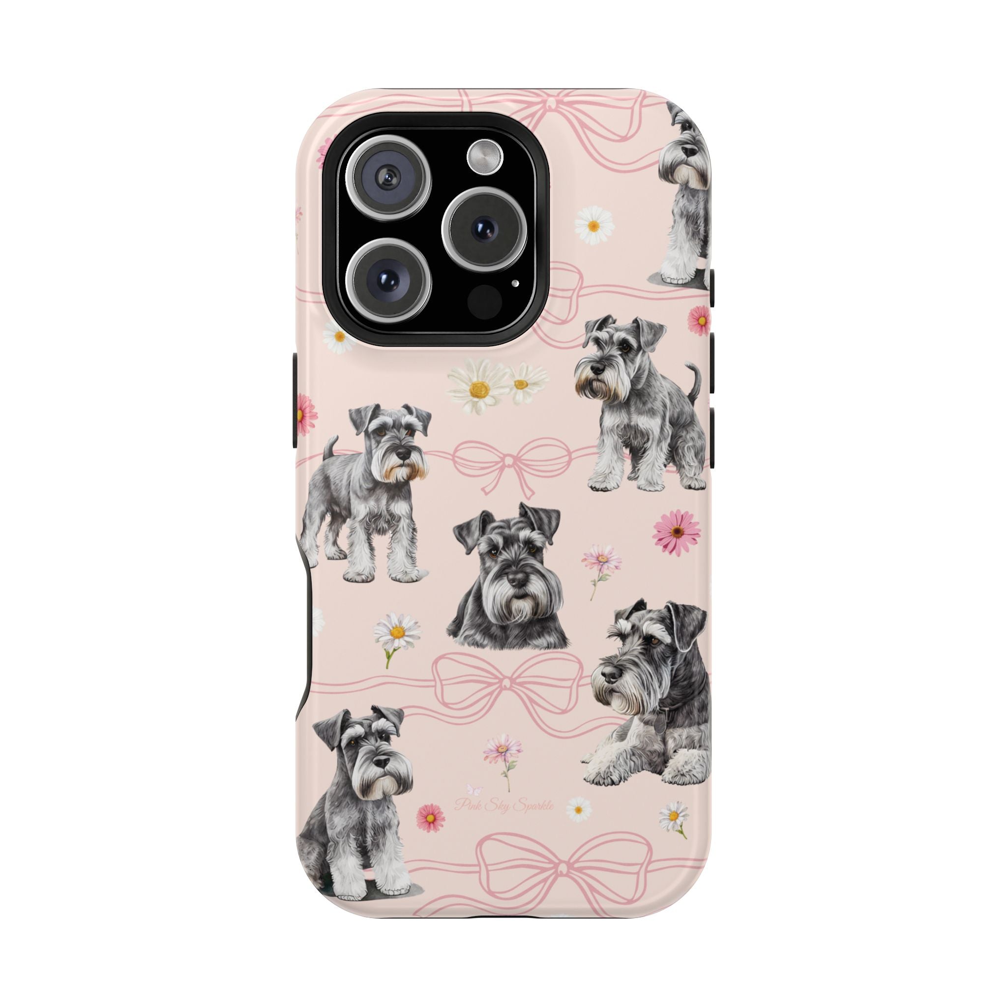 Daisy Dog Magnetic iPhone Case featuring Schnauzer and pink floral pattern.