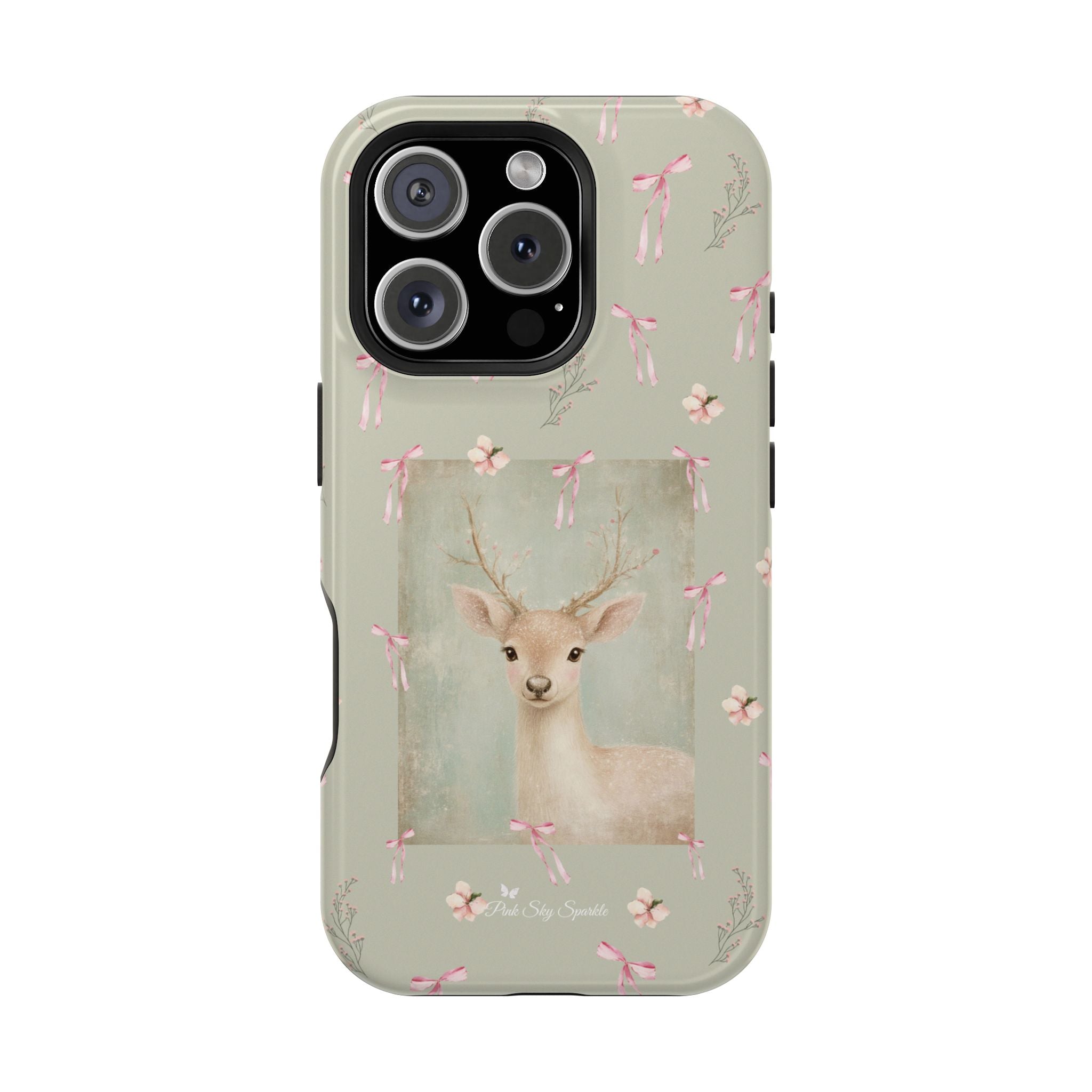 Pastel green magnetic iPhone case with pink bows and a framed woodland fawn painting in the center, cute cottagecore MagSafe-friendly phone case design by Pink Sky Sparkle.